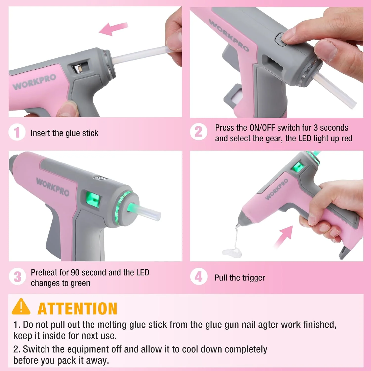 WORKPRO Pink Cordless Mini Hot Glue Gun, Energy Saving Rechargeable Fast Heating Glue Gun Kit with 20 Pcs Mini Glue Sticks, Automatic-Safety-Power-Off Glue Gun for Decoration, Art - Pink Ribbon - Image 6