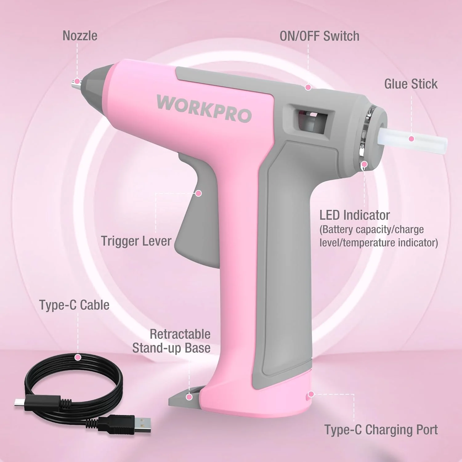 WORKPRO Pink Cordless Mini Hot Glue Gun, Energy Saving Rechargeable Fast Heating Glue Gun Kit with 20 Pcs Mini Glue Sticks, Automatic-Safety-Power-Off Glue Gun for Decoration, Art - Pink Ribbon - Image 7