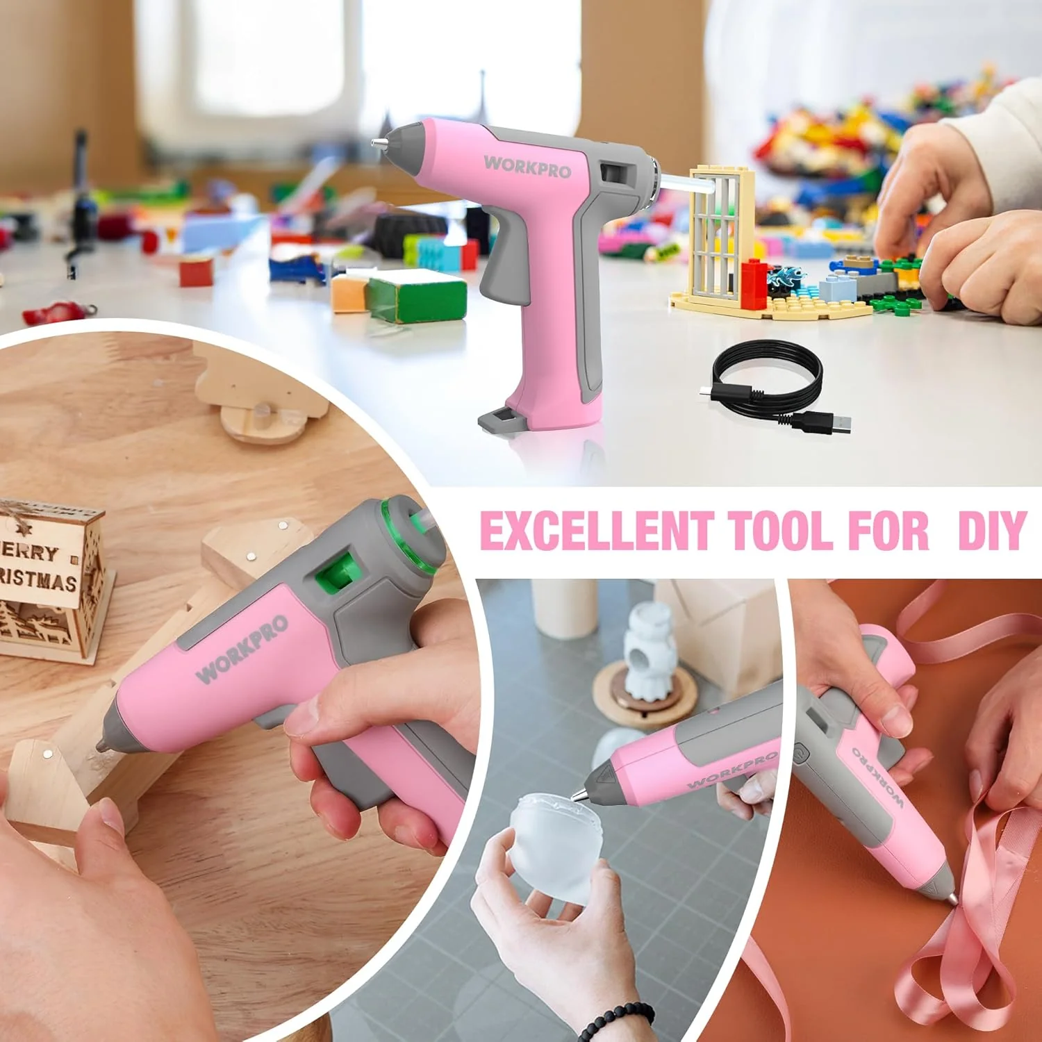 WORKPRO Pink Cordless Mini Hot Glue Gun, Energy Saving Rechargeable Fast Heating Glue Gun Kit with 20 Pcs Mini Glue Sticks, Automatic-Safety-Power-Off Glue Gun for Decoration, Art - Pink Ribbon - Image 8