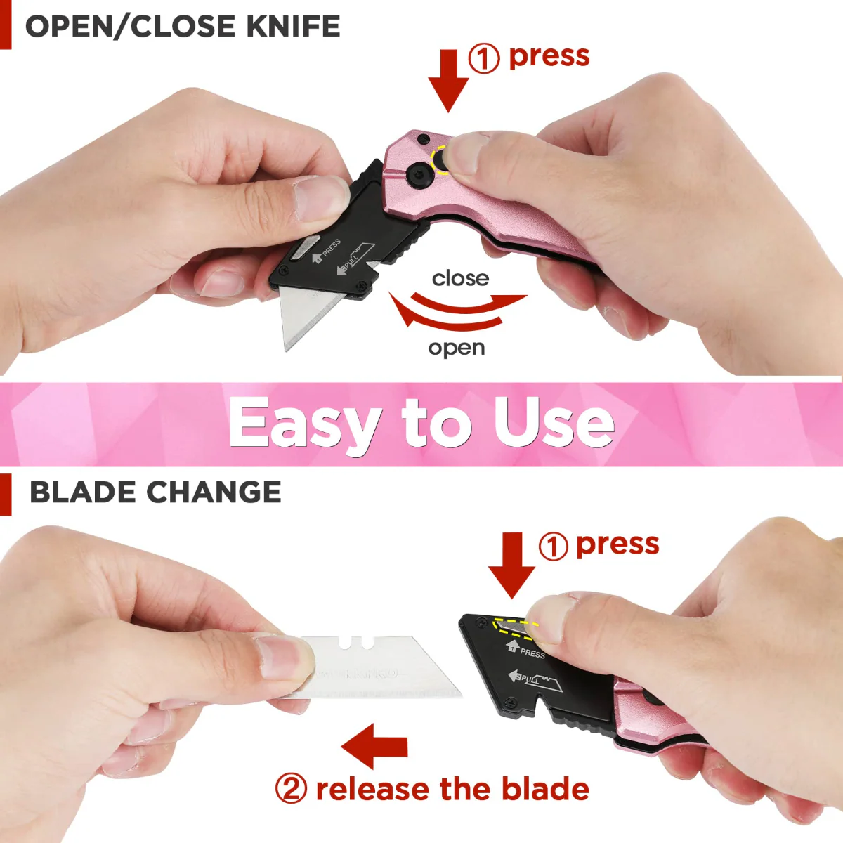 WORKPRO Pink Folding Aluminum Utility Knife, 10 Extra Blades Include - Pink Ribbon - Image 4