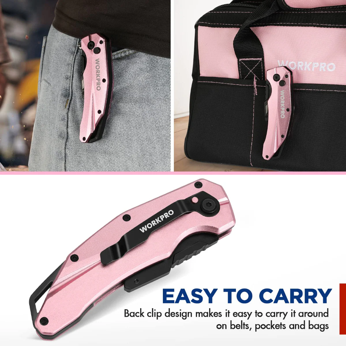 WORKPRO Pink Folding Aluminum Utility Knife, 10 Extra Blades Include - Pink Ribbon - Image 6