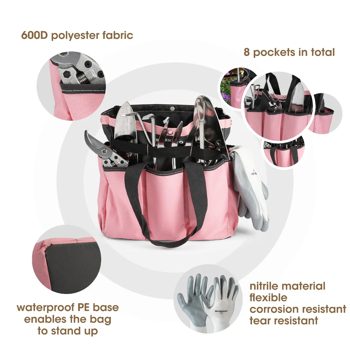 WORKPRO Pink Garden Tools 7 Pcs Set, Stainless Steel Heavy Duty Gardening Tools - Pink Ribbon - Image 7