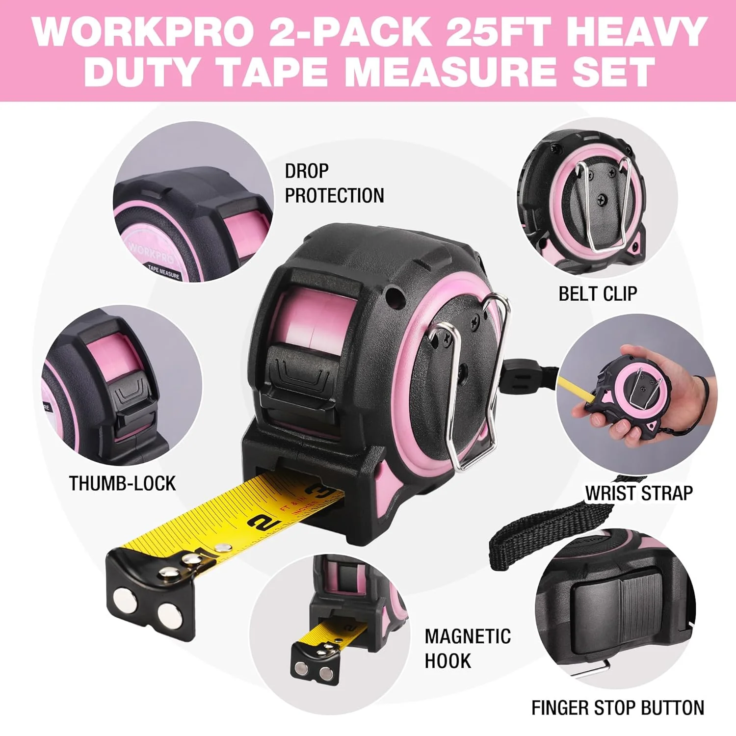 WORKPRO Pink Heavy Duty Tape Measure, 25FT Retractable Tape Measurement, Double Retract Long Stand Measuring Tape Accuracy 1/32 for Engineer, with Magnetic Hook, Belt Clip, Rubber Protective Casing - Image 2