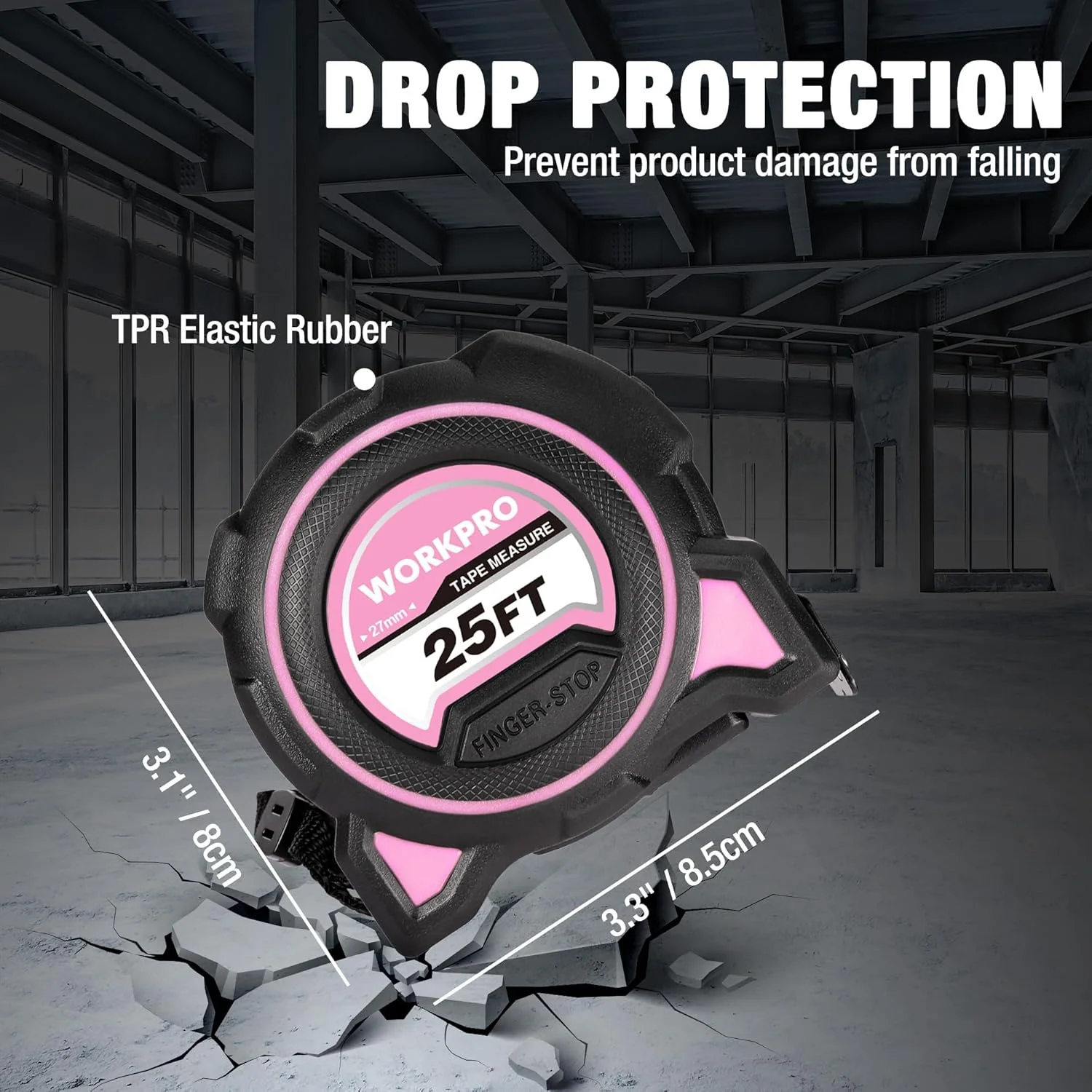 WORKPRO Pink Heavy Duty Tape Measure, 25FT Retractable Tape Measurement, Double Retract Long Stand Measuring Tape Accuracy 1/32 for Engineer, with Magnetic Hook, Belt Clip, Rubber Protective Casing - Image 3