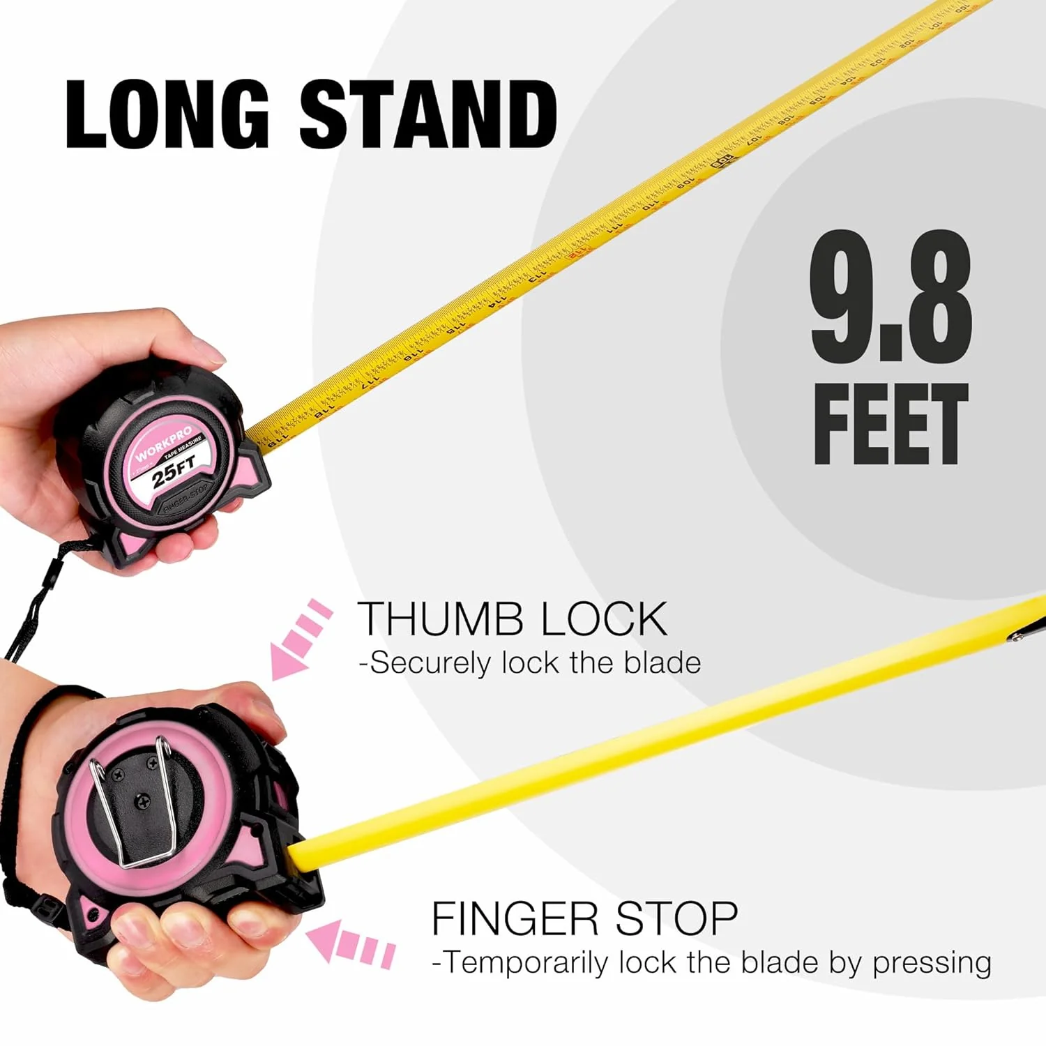WORKPRO Pink Heavy Duty Tape Measure, 25FT Retractable Tape Measurement, Double Retract Long Stand Measuring Tape Accuracy 1/32 for Engineer, with Magnetic Hook, Belt Clip, Rubber Protective Casing - Image 4