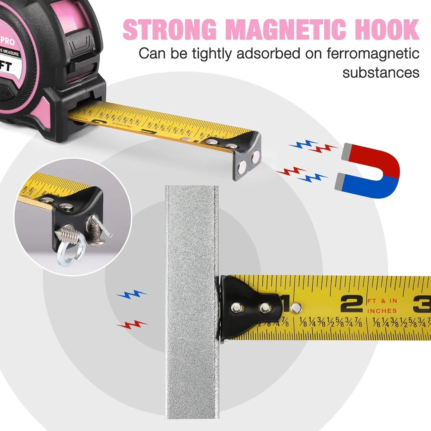 WORKPRO Pink Heavy Duty Tape Measure, 25FT Retractable Tape Measurement, Double Retract Long Stand Measuring Tape Accuracy 1/32 for Engineer, with Magnetic Hook, Belt Clip, Rubber Protective Casing - Image 6