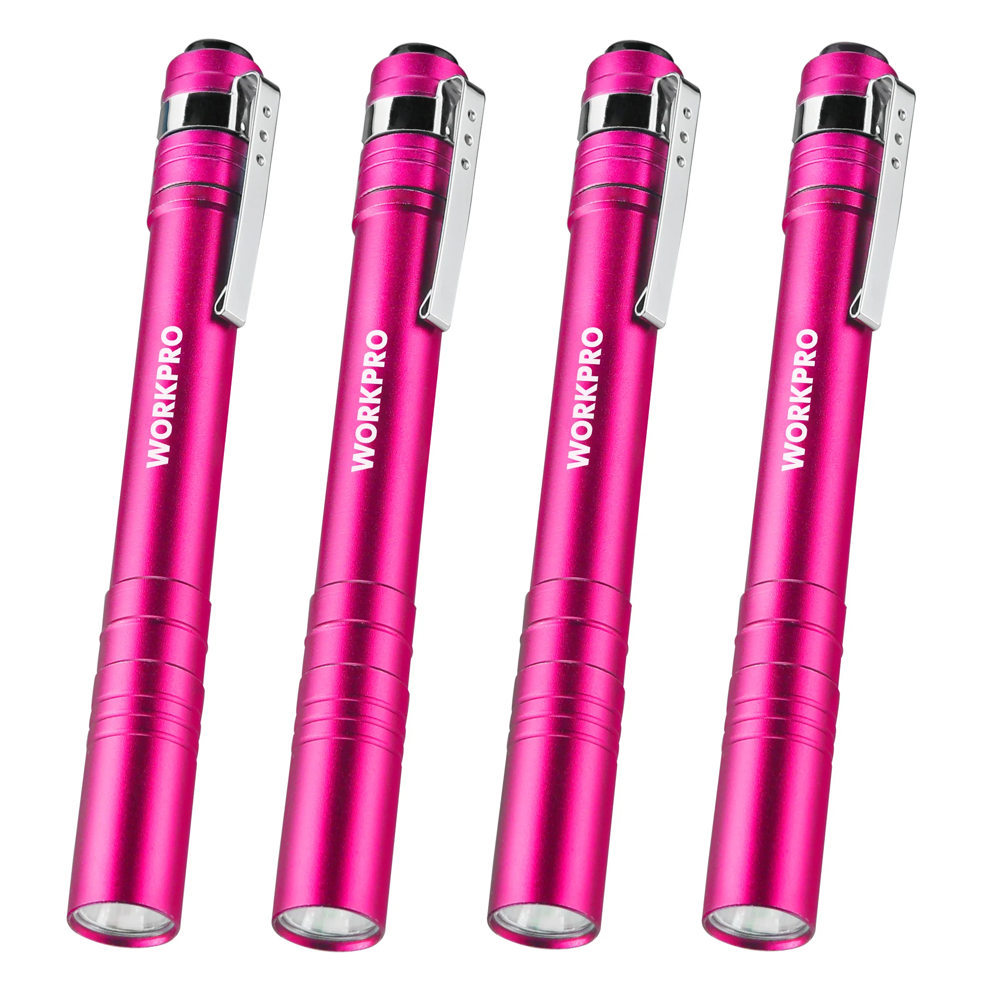 WORKPRO Pink LED Aluminum Pen Light, Pocket Flashlight with Clip, 8AAA Batteries Include (4-Pack) - Pink Ribbon