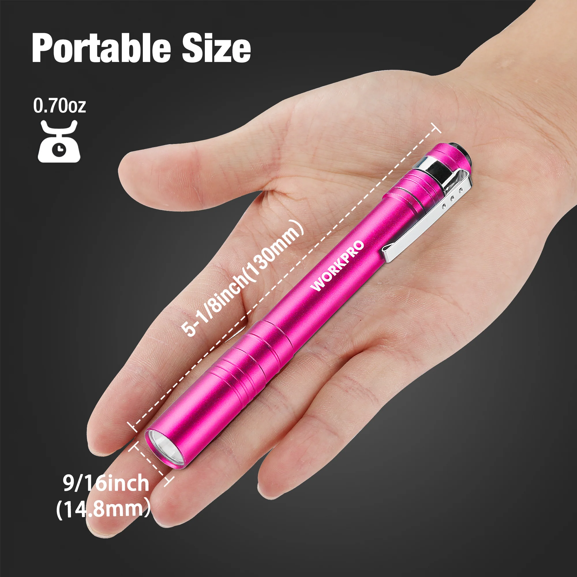 WORKPRO Pink LED Aluminum Pen Light, Pocket Flashlight with Clip, 8AAA Batteries Include (4-Pack) - Pink Ribbon - Image 2