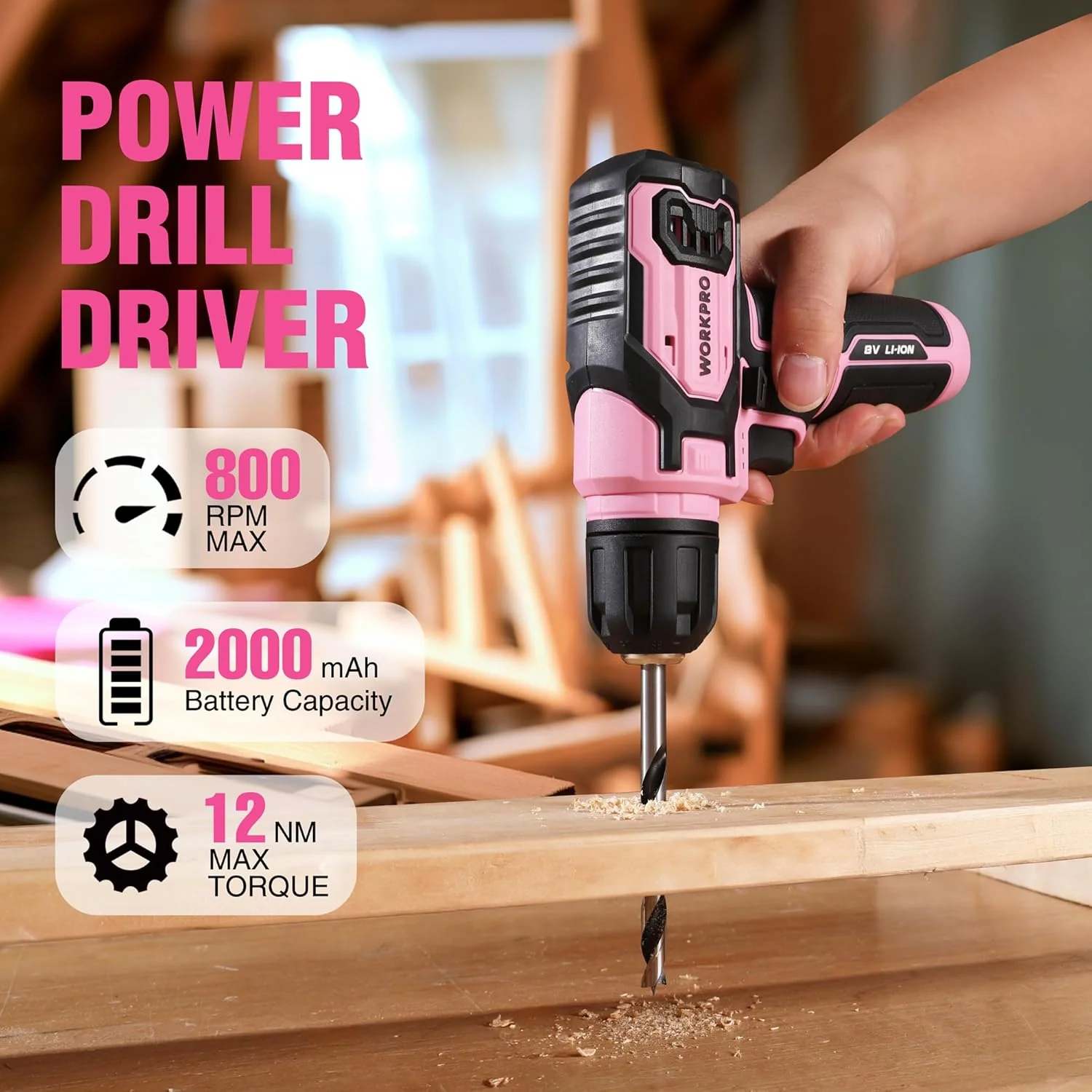 WORKPRO Pink Power Drill Set and Stackable Tool Box, 8V Cordless Drill Driver with Bit Set, 2.0Ah Electric Cordless Screwdriver Kit with 3/8" Keyless Chuck, For Home DIY- Pink Ribbon - Image 2