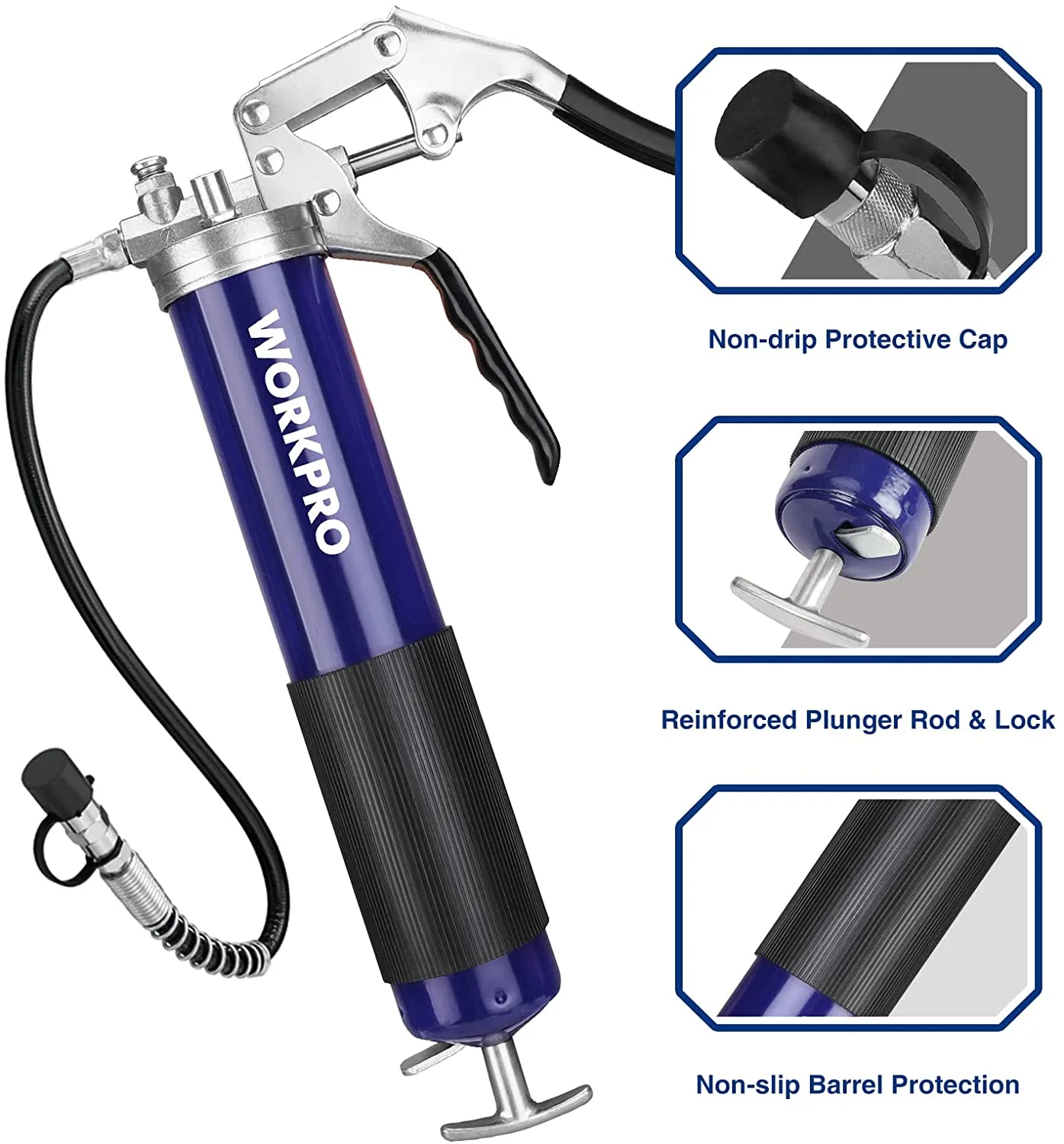 WORKPRO Pistol Grip Grease Gun Set, with 18inch Flexible Hose, 2 Fixed Tubes, 3 Nozzles Included, 14oz Load, 4000 PSI - Image 4
