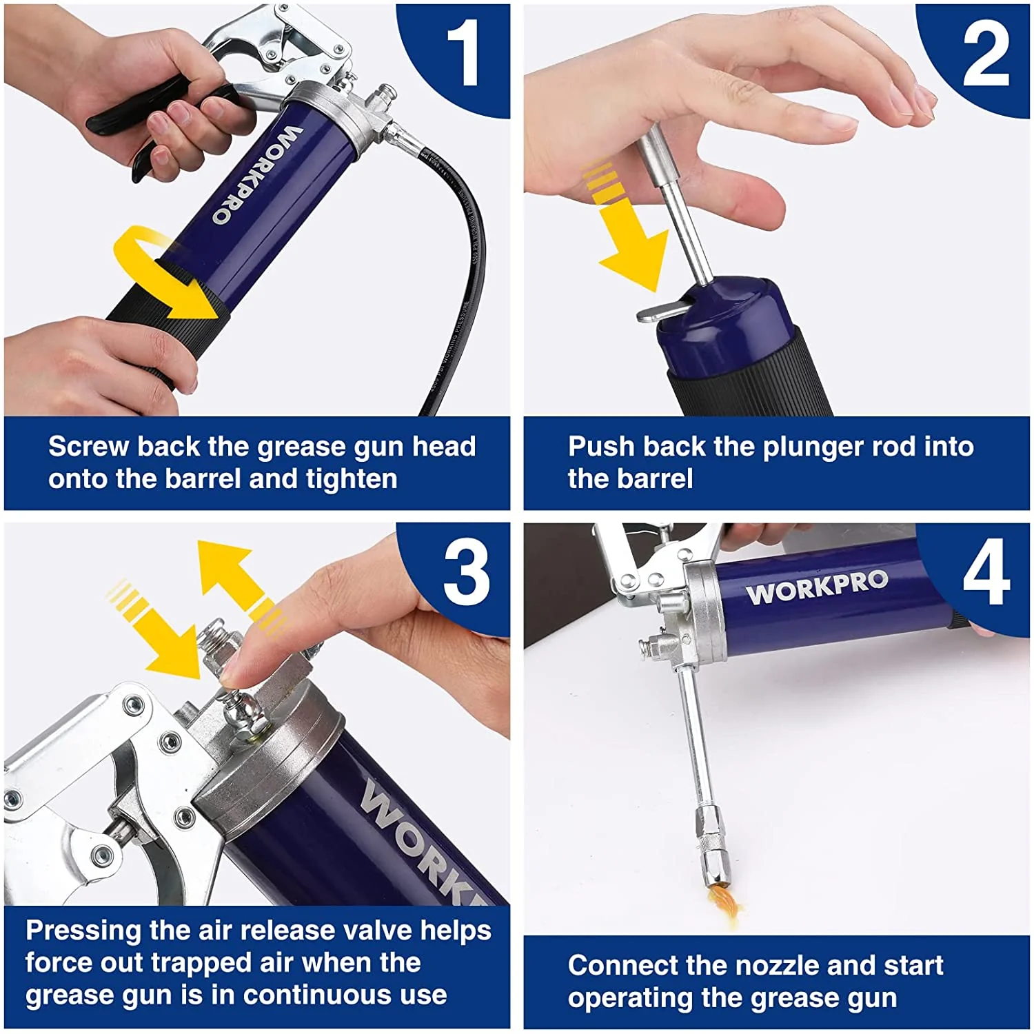 WORKPRO Pistol Grip Grease Gun Set, with 18inch Flexible Hose, 2 Fixed Tubes, 3 Nozzles Included, 14oz Load, 4000 PSI - Image 6