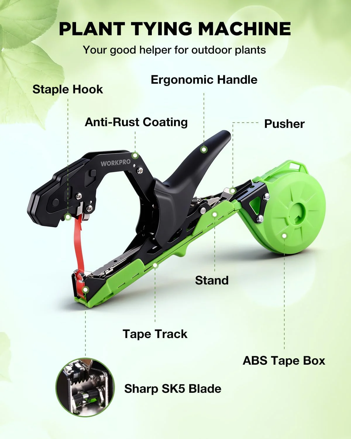 WORKPRO Plant Tying Machine, Lightweight Tape Gun for Tying Vines and Support Plants, Includes Gloves, 20 Rolls of Tape, 10,000 Staples, Ideal for Tomatoes, Grapes, Cucumber and Vegetables - Image 6
