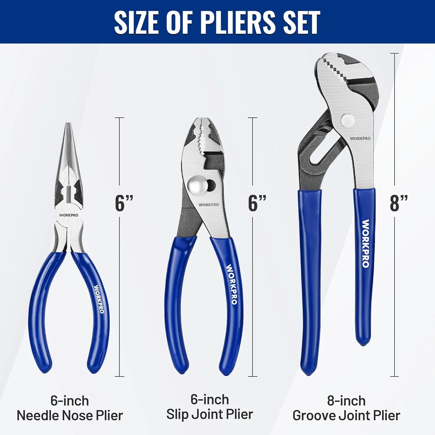 WORKPRO Pliers Set, 3-Piece Plier Tool Set with Soft Handle, 6" Needle Nose, 6" Slip Joint, 8" Groove Joint Plier for DIY & Home Use - Image 5