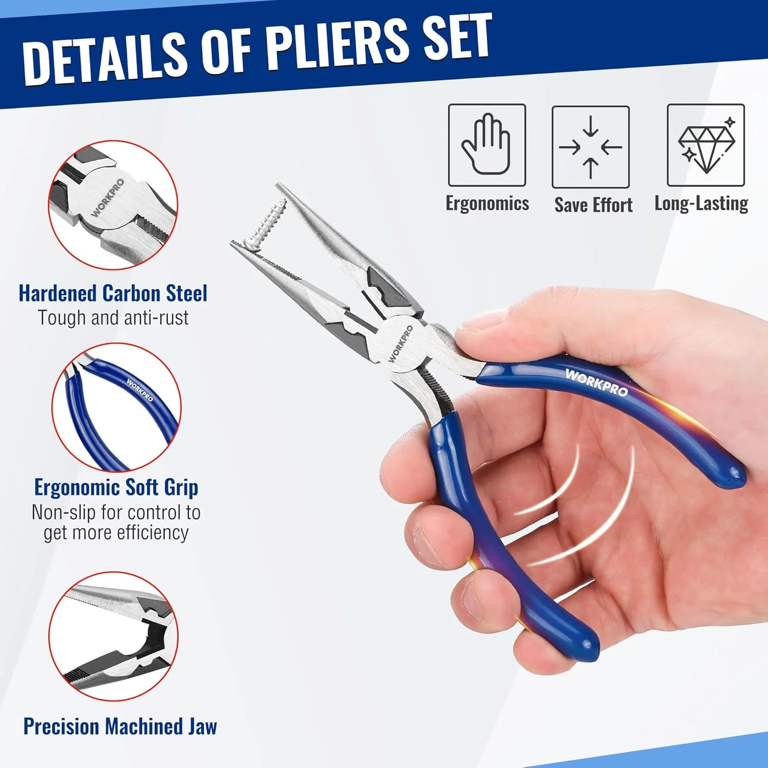 WORKPRO Pliers Set, 3-Piece Plier Tool Set with Soft Handle, 6" Needle Nose, 6" Slip Joint, 8" Groove Joint Plier for DIY & Home Use - Image 6