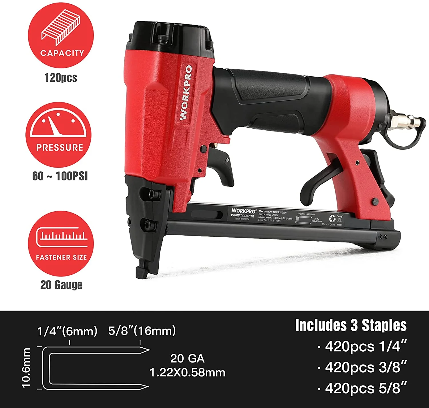 WORKPRO Pneumatic 20 Gauge Staple Gun for Carpentry Woodworking and DIY Projects - Image 3