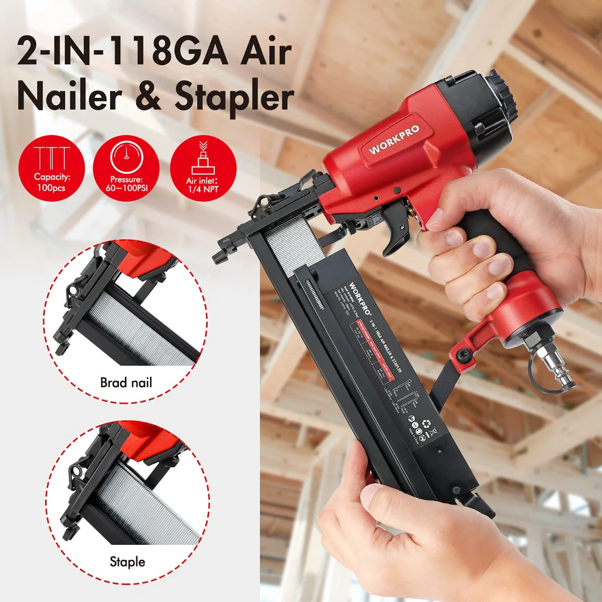 WORKPRO Pneumatic 2 in 1 Brad Nailer with 400pcs Nails/ 300 Pcs Staples - Image 3