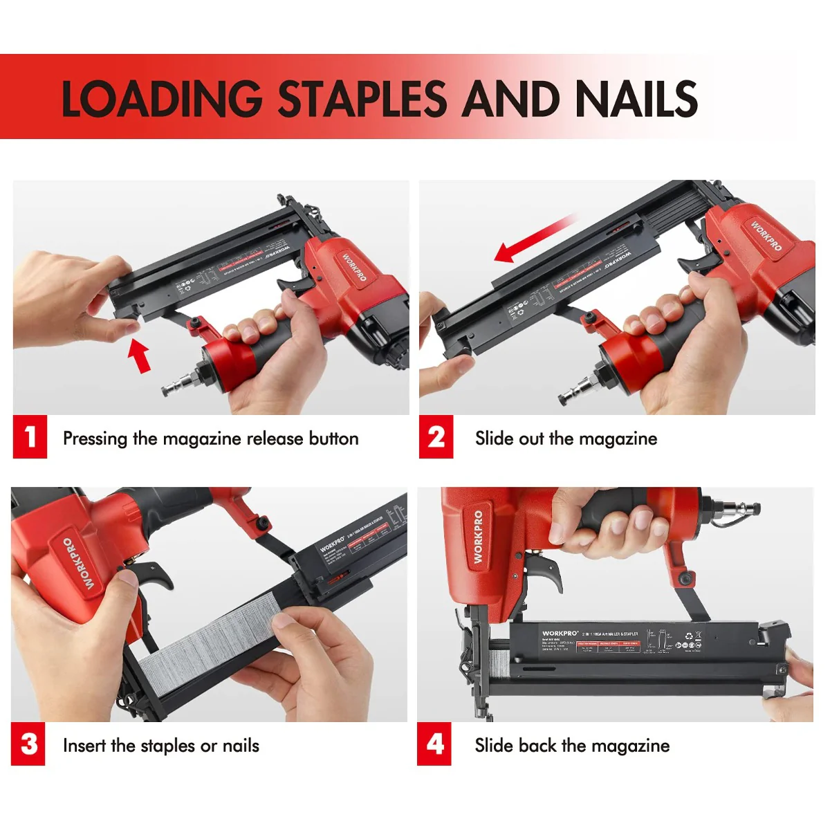 WORKPRO Pneumatic 2 in 1 Brad Nailer with 400pcs Nails/ 300 Pcs Staples - Image 4