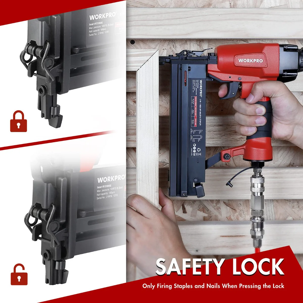 WORKPRO Pneumatic 2 in 1 Brad Nailer with 400pcs Nails/ 300 Pcs Staples - Image 6