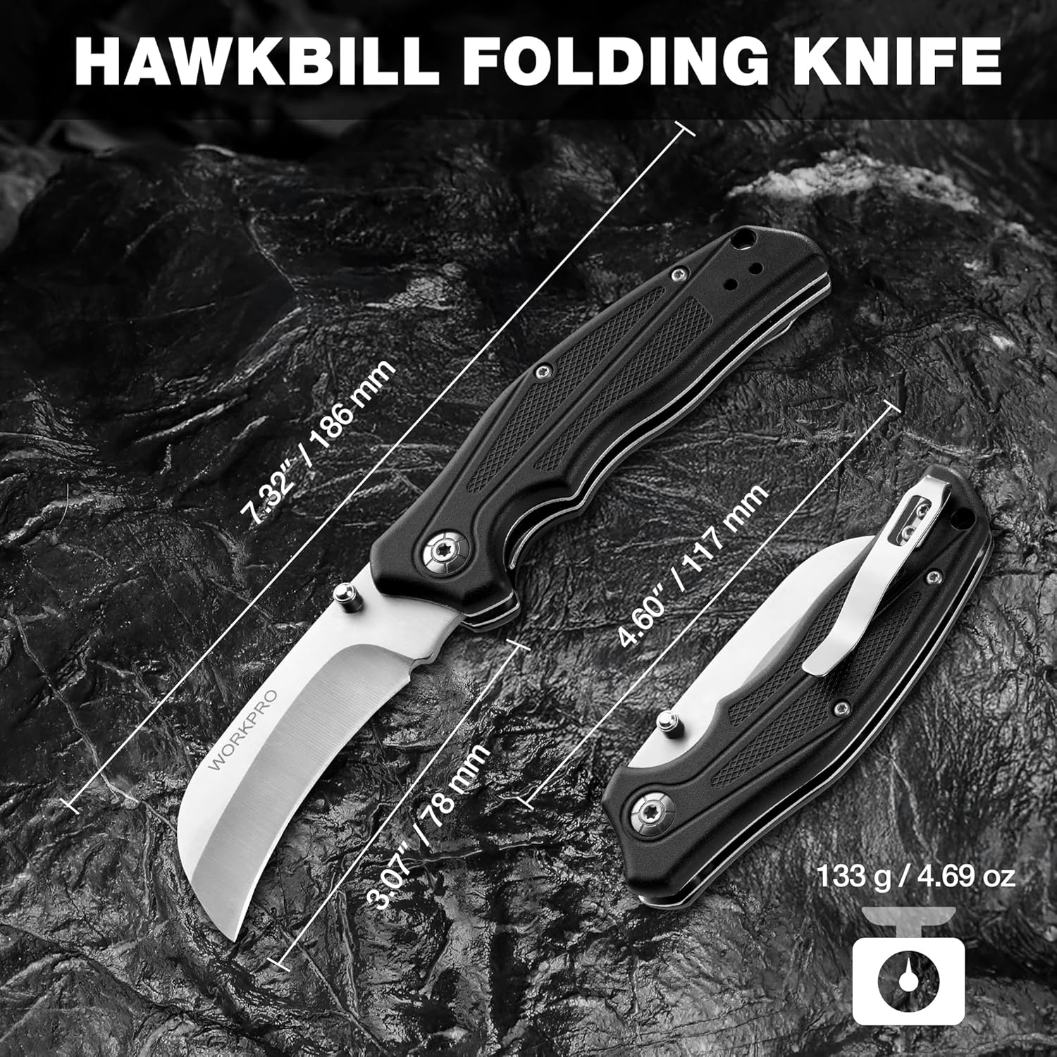 WORKPRO Pocket Knife, Hawkbill Folding Utility Knife with Lanyard Hole and Belt Clip, Electrician Knife for Cable Skinning and Carpet, Linoleum, Cardboard, Rope, Wire Cutting - Image 2