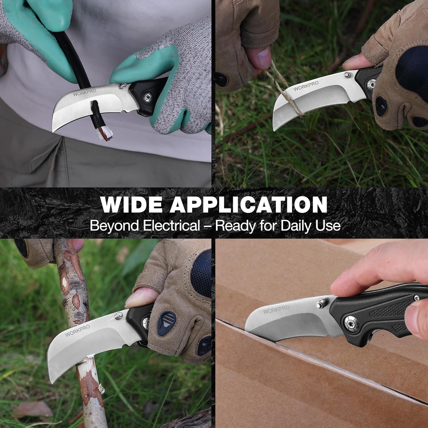 WORKPRO Pocket Knife, Hawkbill Folding Utility Knife with Lanyard Hole and Belt Clip, Electrician Knife for Cable Skinning and Carpet, Linoleum, Cardboard, Rope, Wire Cutting - Image 7