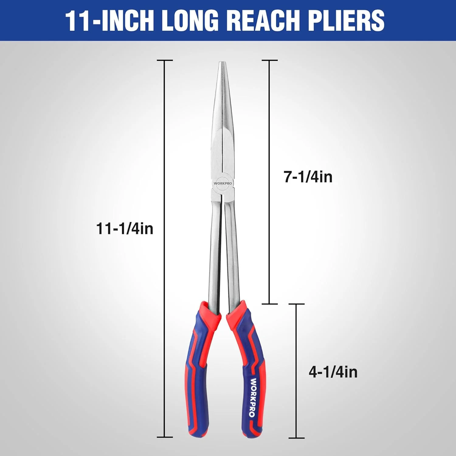 WORKPRO Premium 11” Extra Long Needle Nose Pliers, Paper Clamp Precision, Heavy-Duty CRV Steel, Soft Grip - Image 2