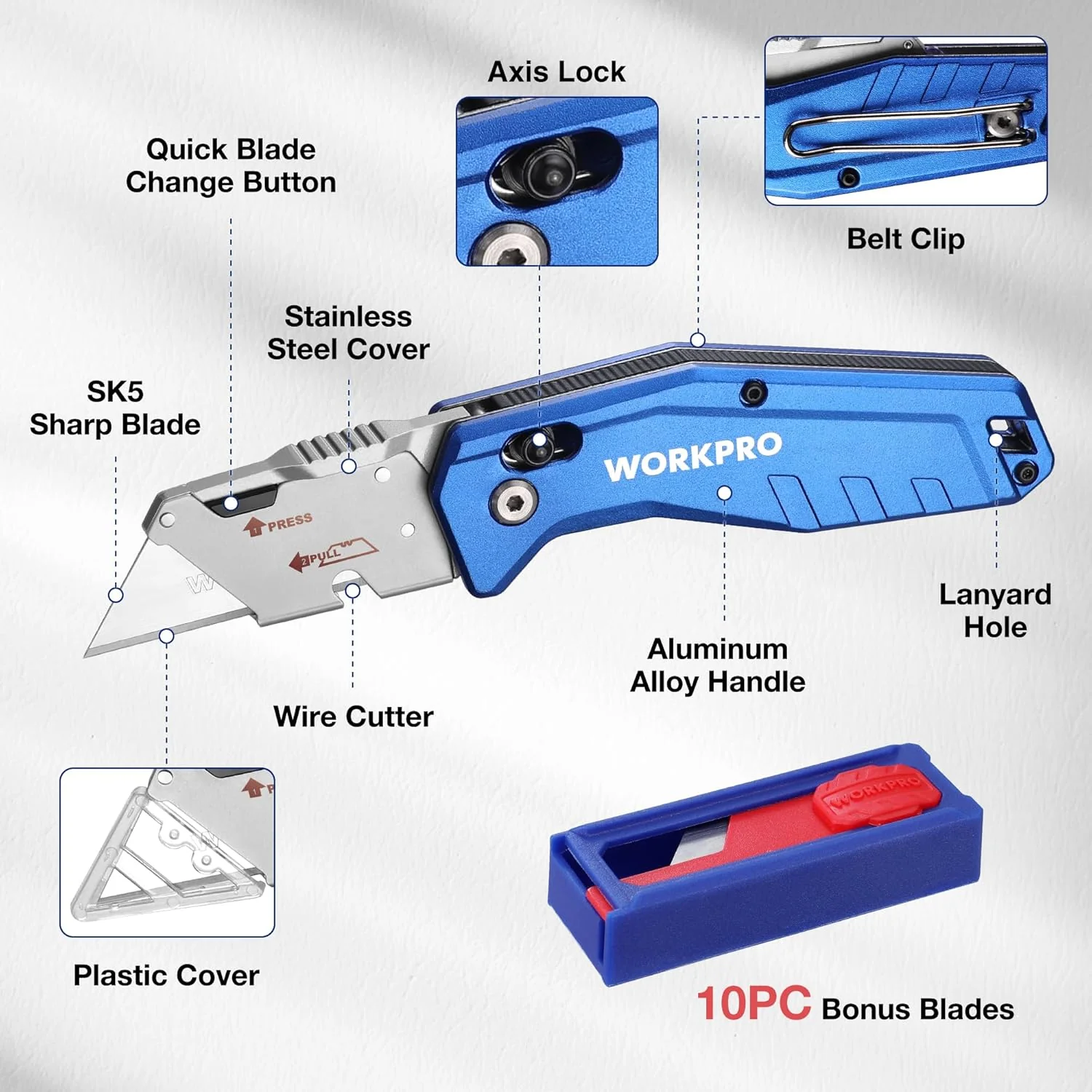 WORKPRO Premium Axis Lock Utility Knife Folding, Heavy Duty Metal Box Cutter with Quick Open Lock, Quick Change Blade Razor Knife, Foldable Pocket Knife with Belt Clip - Image 2