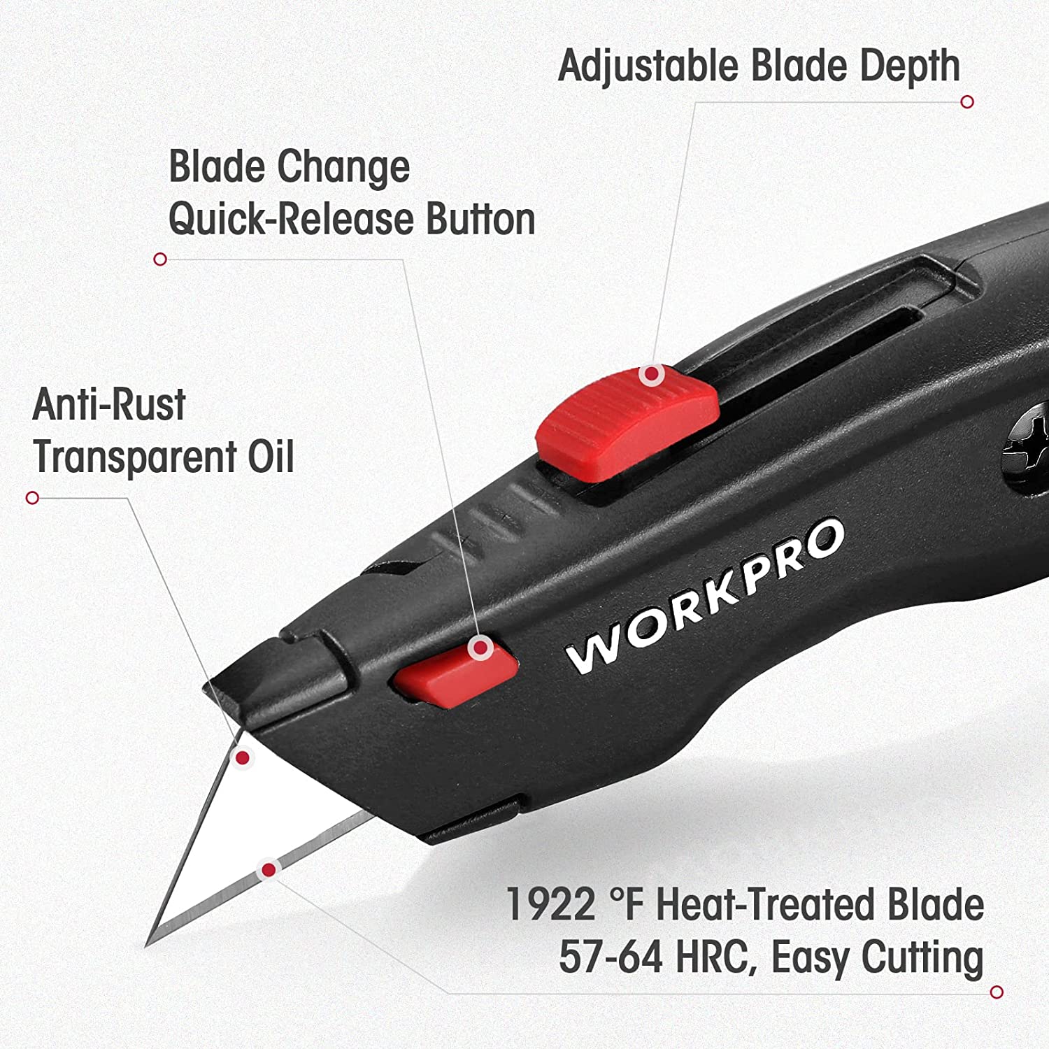 WORKPRO Premium Utility Knife, Retractable All Metal Heavy Duty Box Cutter, Quick Change Blade Razor Knife, with 10 Extra Blades - Image 3