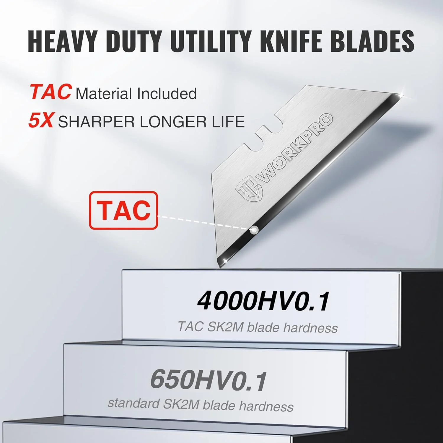 WORKPRO Premium Utility Knife Blades, TAC Diamond Coated SK2M, 10-Pack Utility Blades Replacement with Dispenser - Image 2