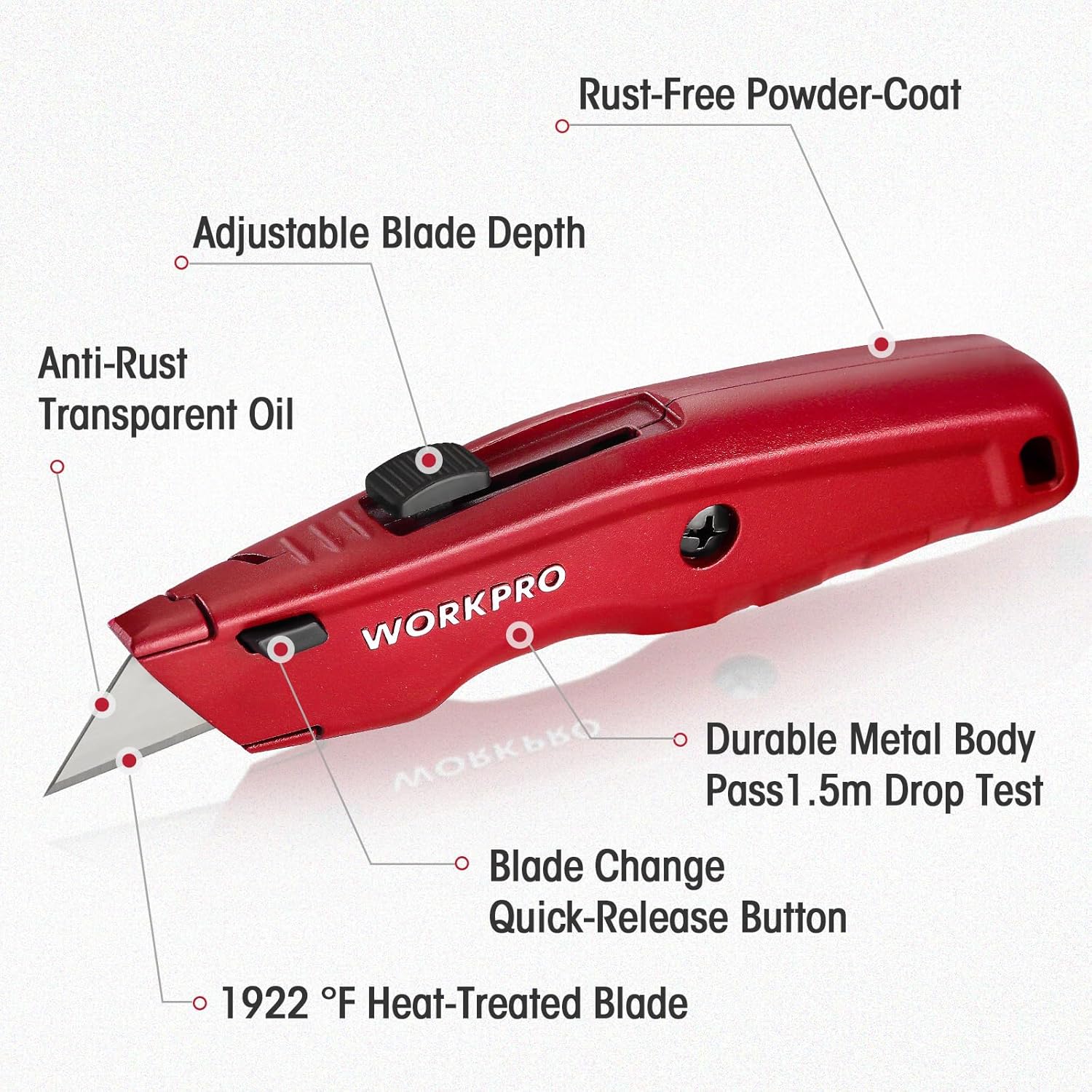 WORKPRO Premium Utility Knife, Retractable All Metal Heavy Duty Box Cutter, Quick Change Blade Razor Knife, 3PCS with 10 Extra Blades - Image 7