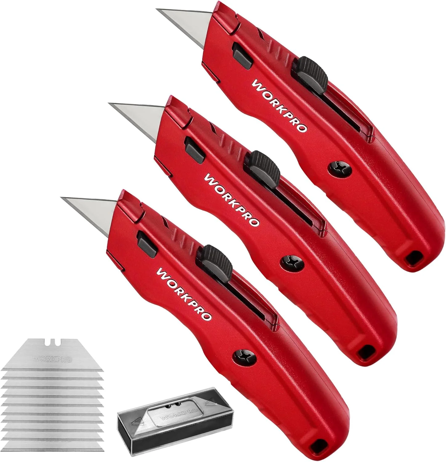WORKPRO Premium Utility Knife, Retractable All Metal Heavy Duty Box Cutter, Quick Change Blade Razor Knife, 3PCS with 10 Extra Blades - Image 8