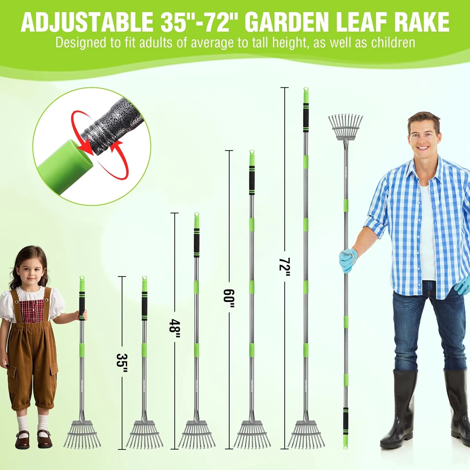 WORKPRO Rake, Small Rake for Leaves with 72” Adjustable Long Handle, 11 Steel Tines, Heavy Duty Metal Leaf Rakes for Garden, Lawn, Yard, Shrub, Flower Bed, Narrow Rakes 9" Wide Head for Tight Spaces - Image 3