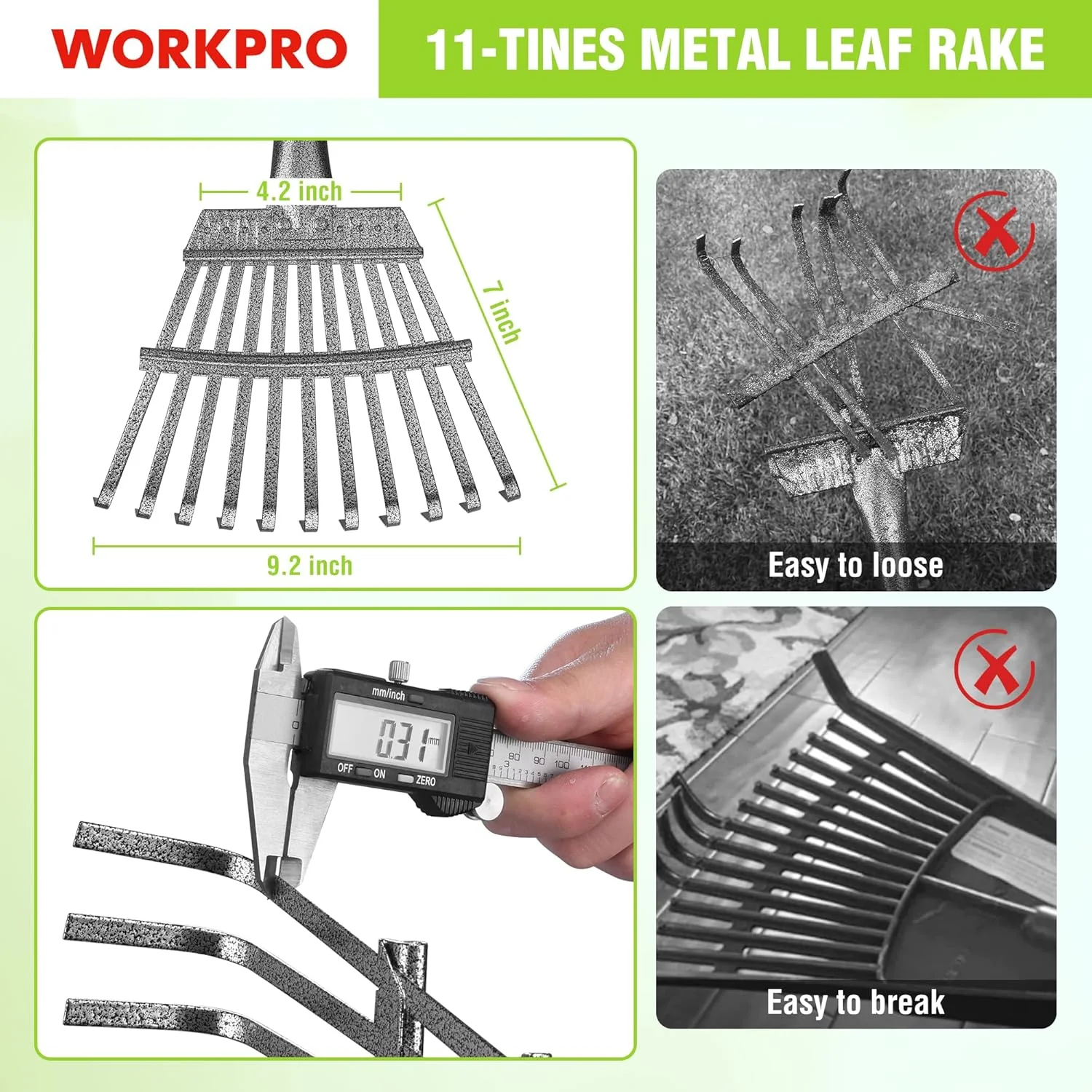 WORKPRO Rake, Small Rake for Leaves with 72” Adjustable Long Handle, 11 Steel Tines, Heavy Duty Metal Leaf Rakes for Garden, Lawn, Yard, Shrub, Flower Bed, Narrow Rakes 9" Wide Head for Tight Spaces - Image 4