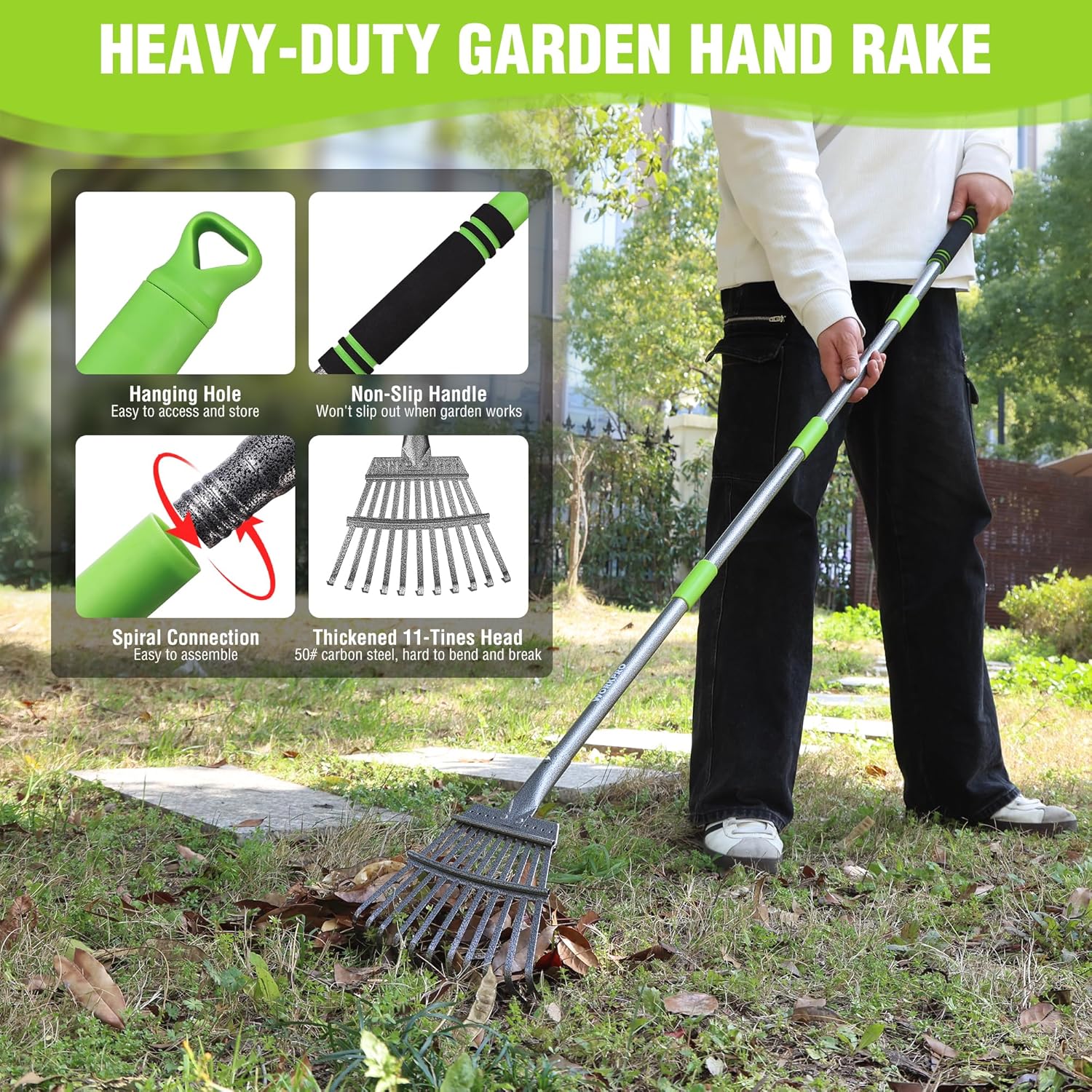 WORKPRO Rake, Small Rake for Leaves with 72” Adjustable Long Handle, 11 Steel Tines, Heavy Duty Metal Leaf Rakes for Garden, Lawn, Yard, Shrub, Flower Bed, Narrow Rakes 9" Wide Head for Tight Spaces - Image 5