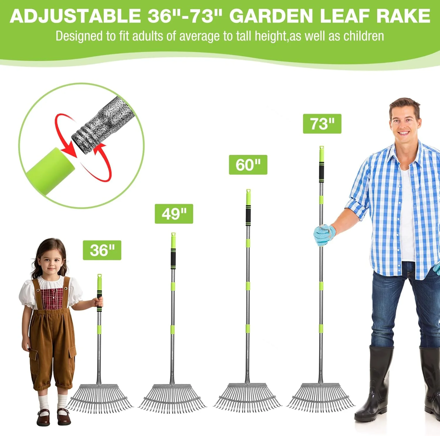 WORKPRO Rakes, Small Leaf Rake with 73” Adjustable Long Handle, Narrow Metal Garden Rake with 25 Steel Tines, Heavy Duty Rust-Resistant Lawn Rakes for Yard, Garden, Shrubs, Flower Beds & Tight Spaces - Image 2