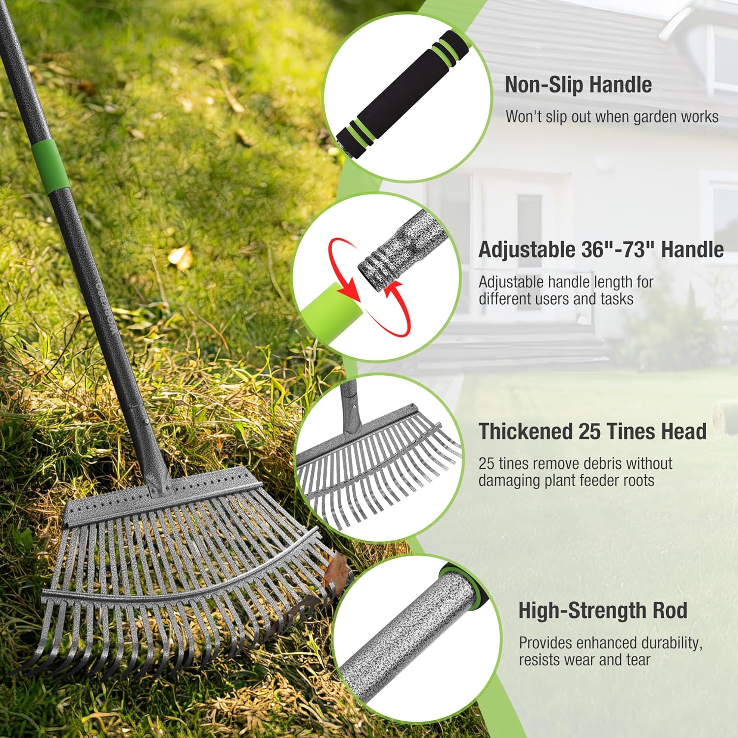 WORKPRO Rakes, Small Leaf Rake with 73” Adjustable Long Handle, Narrow Metal Garden Rake with 25 Steel Tines, Heavy Duty Rust-Resistant Lawn Rakes for Yard, Garden, Shrubs, Flower Beds & Tight Spaces - Image 3