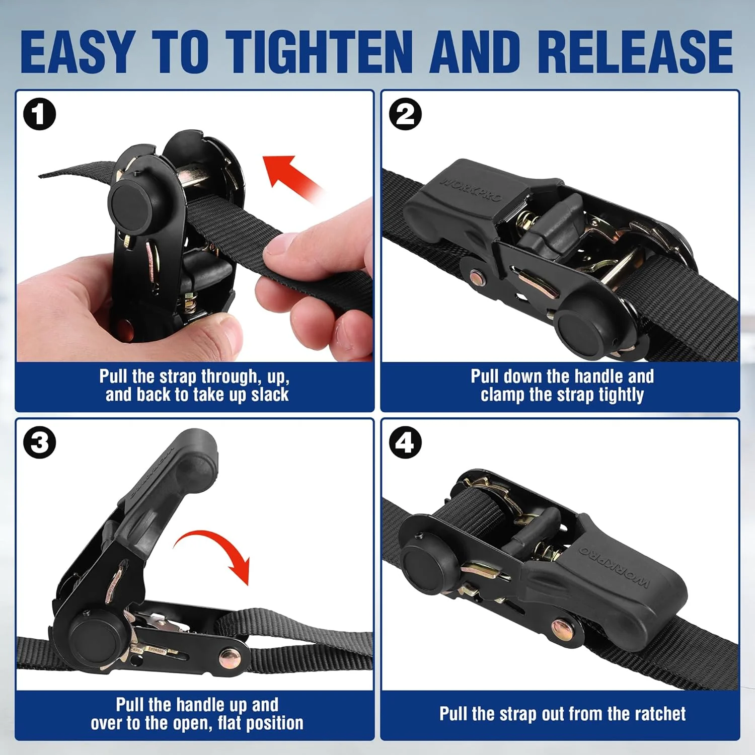 WORKPRO Ratchet Tie Down Straps, 4-Pack | 1" x 15' | 1823 lbs Break Strength Heavy Duty Ratchet Straps with 4PC Soft Loops, Fits for Moving Appliances Motorcycle ATV Truck (Black) - Image 7