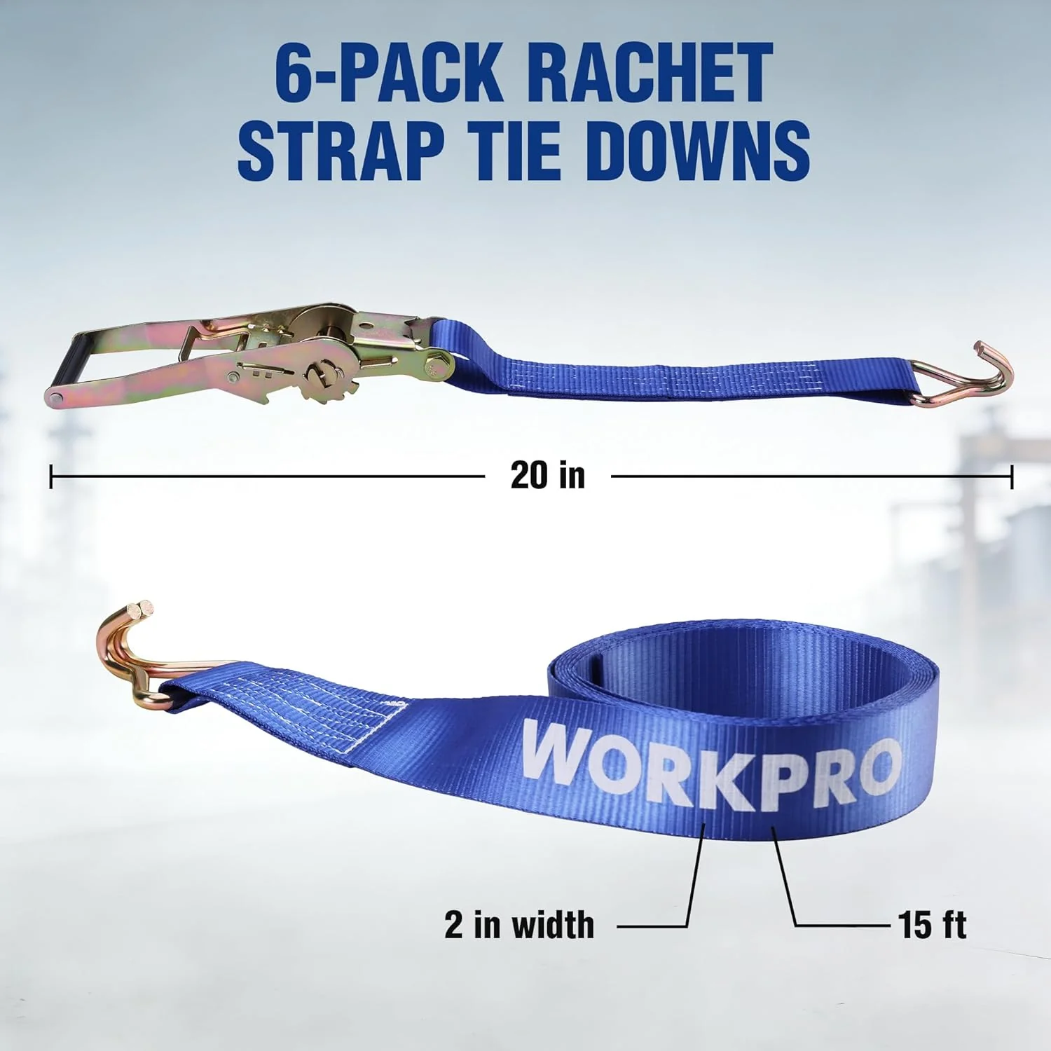 WORKPRO Ratchet Tie Down Straps, 6-Pack | 2" x 15' | 5000 lbs Break Strength Heavy Duty Ratchet Straps, Fits for Moving Appliances Motorcycle ATV Truck (Blue) - Image 4