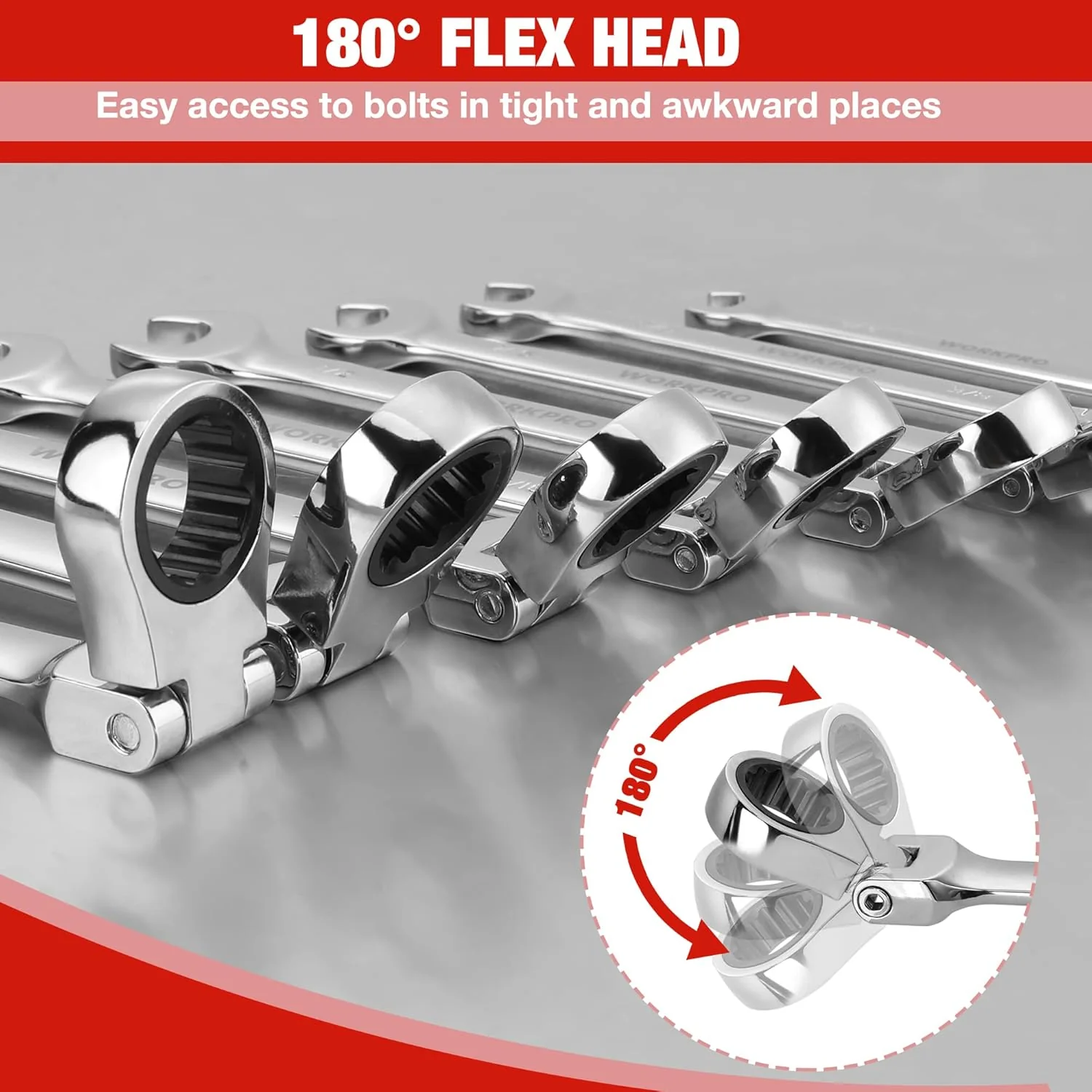 WORKPRO Ratcheting Combination Wrench Set, 8-piece Flex-Head Anti-Slip Set Metric 8-17 mm, 72-Teeth, Cr-V Constructed, Black Electrophoretic Coating with Rolling Pouch - Image 3