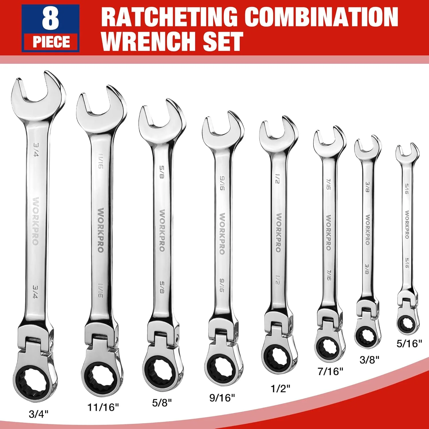 WORKPRO Ratcheting Combination Wrench Set, 8-piece Flex-Head Anti-Slip Set Metric 8-17 mm, 72-Teeth, Cr-V Constructed, Black Electrophoretic Coating with Rolling Pouch - Image 5
