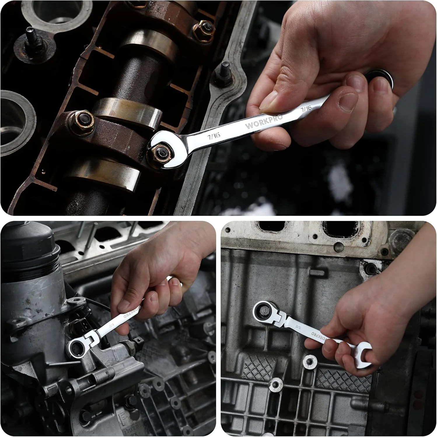 WORKPRO Ratcheting Combination Wrench Set, 8-piece Flex-Head Anti-Slip Set Metric 8-17 mm, 72-Teeth, Cr-V Constructed, Black Electrophoretic Coating with Rolling Pouch - Image 7