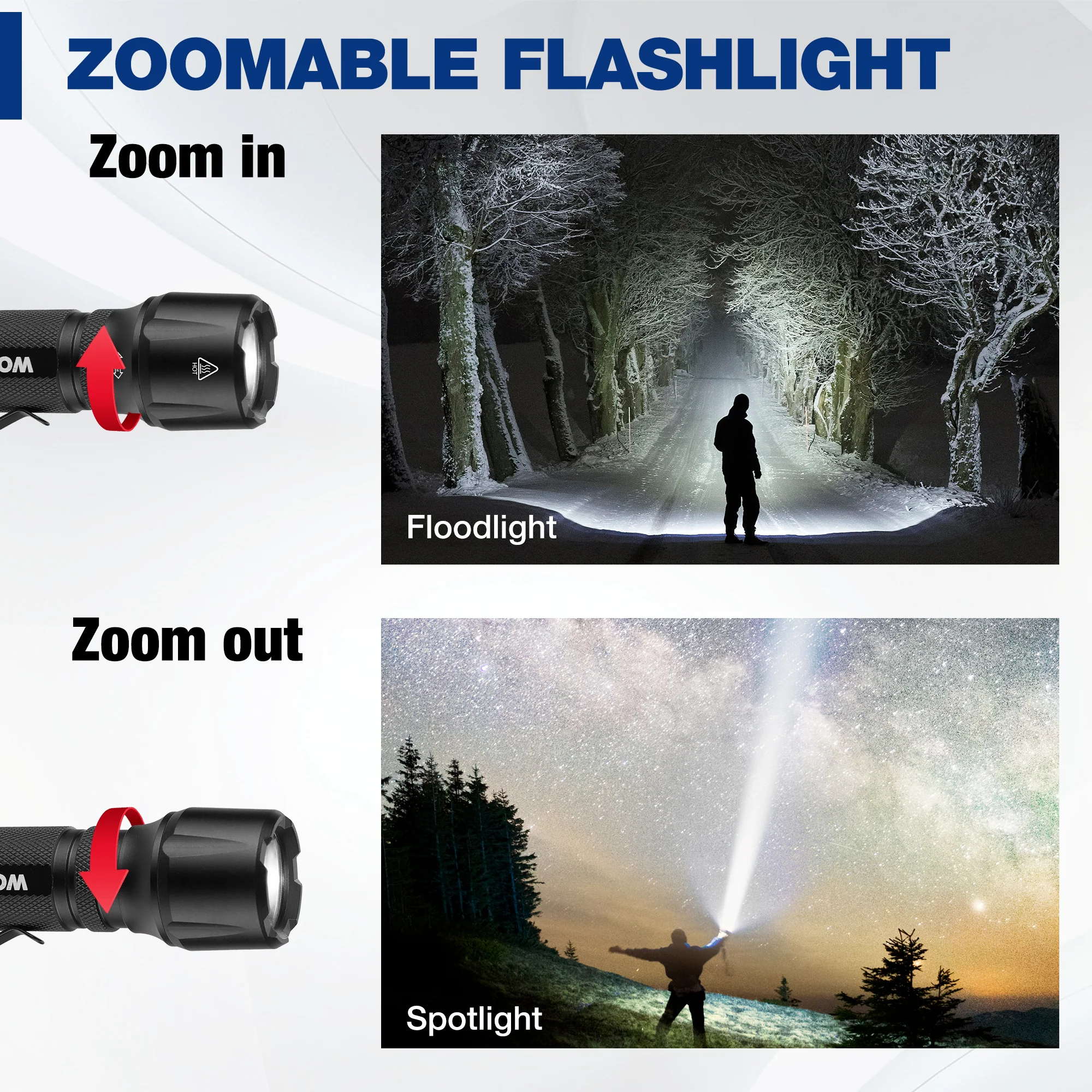 WORKPRO Rechargeable EDC Mini 1200LM Tactical Flashlight with Clip & Lanyard, 7 Light Modes, Zoomable Adjustable Focus, Includes Lithium Battery & Alkaline Battery - Image 6