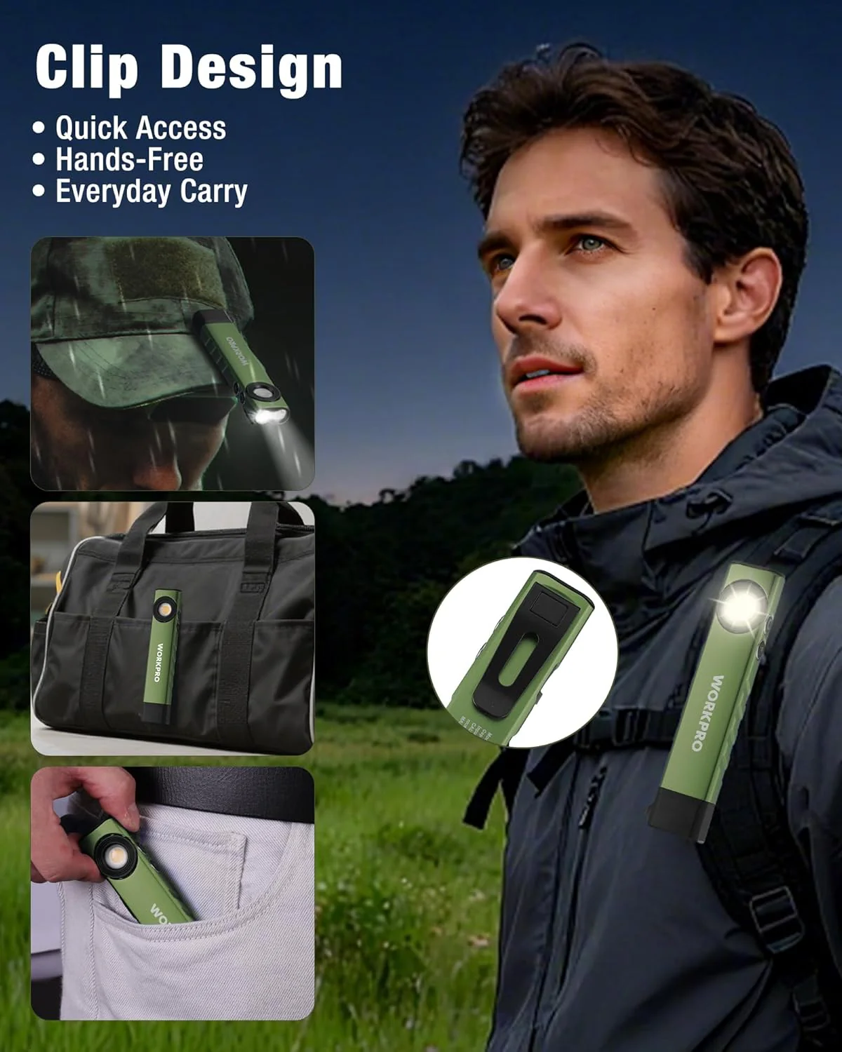 WORKPRO Rechargeable Flashlight, Magnetic EDC Flashlight Rechargeable, Flat Pocket Flashlight with UV Light, Slim LED Flashlight for Camping, Garage, Car Repair and Emergency-Green - Image 8