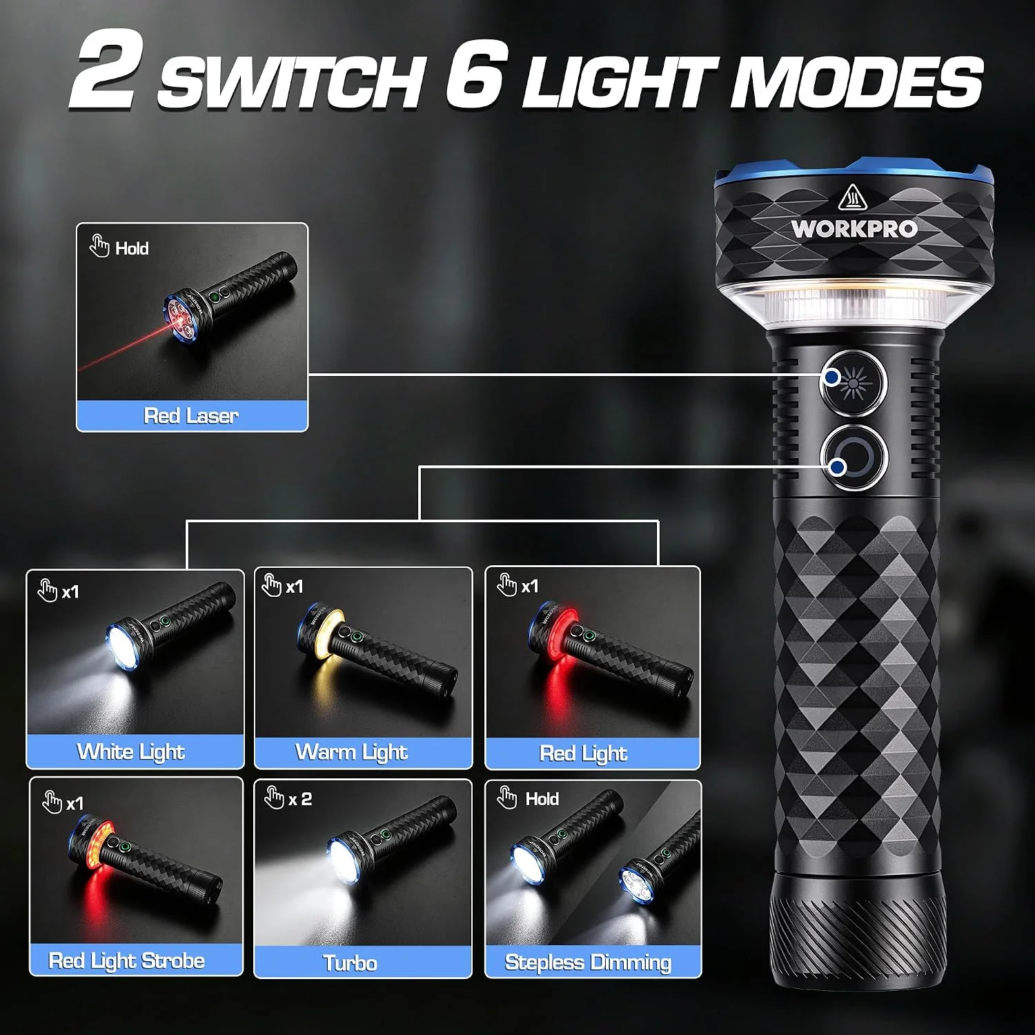 WORKPRO Rechargeable Flashlight with Red Laser, 4000LM Bright Flashlight | 6 Modes, Stepless Dimming, White LED, Warm Light, Red Light, Magnetic Base, USB-C, for Home, Camping, Working, Emergency - Image 2