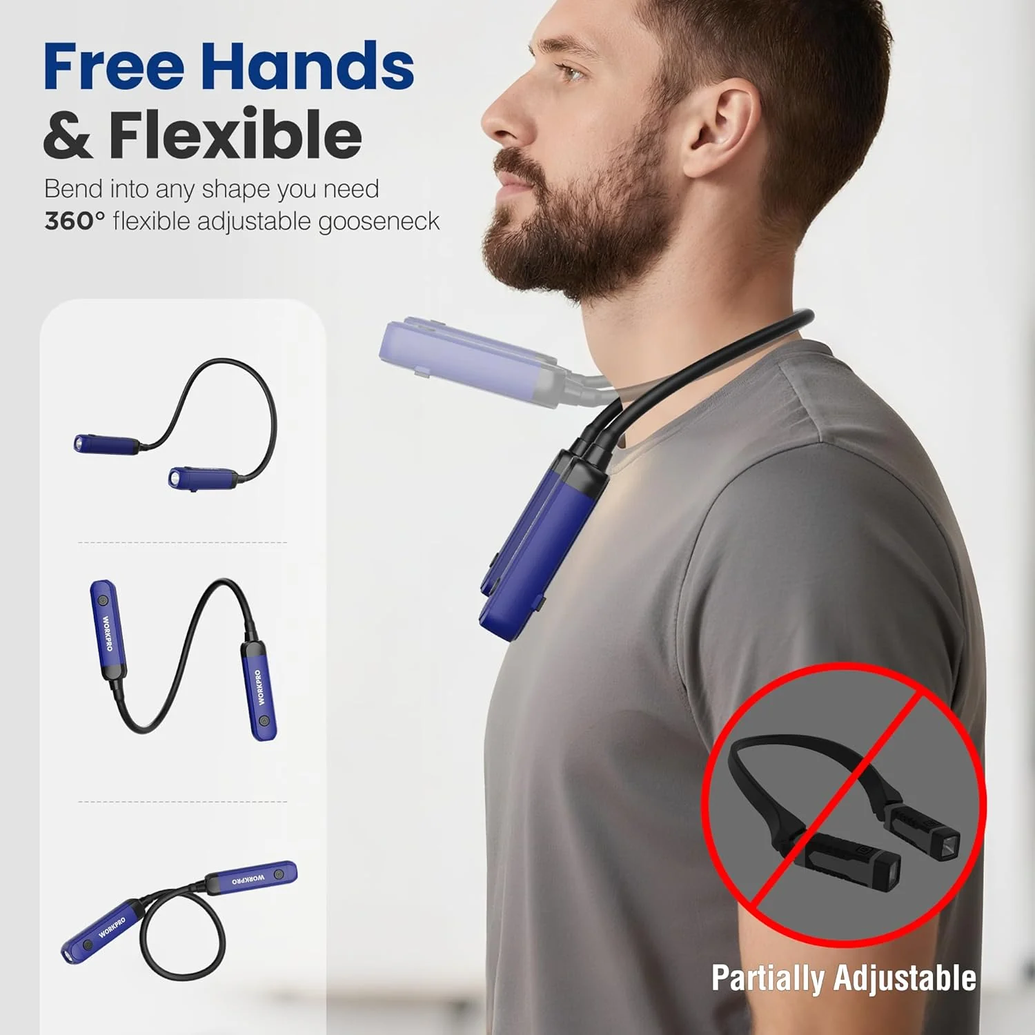 WORKPRO Rechargeable Neck Light for Hands-Free Lighting, 3 Brightness Levels 300 Lumens Neck Light, Bendable Silicone Arm, Great for Mechanics, Reading, Camping, DIY Projects, Crafting, Blue and Black - Image 2