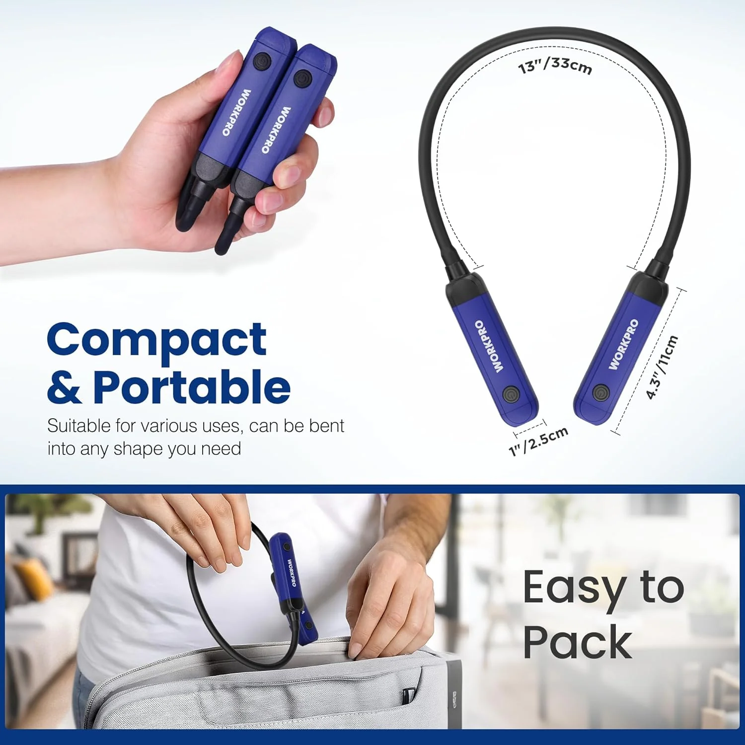 WORKPRO Rechargeable Neck Light for Hands-Free Lighting, 3 Brightness Levels 300 Lumens Neck Light, Bendable Silicone Arm, Great for Mechanics, Reading, Camping, DIY Projects, Crafting, Blue and Black - Image 3