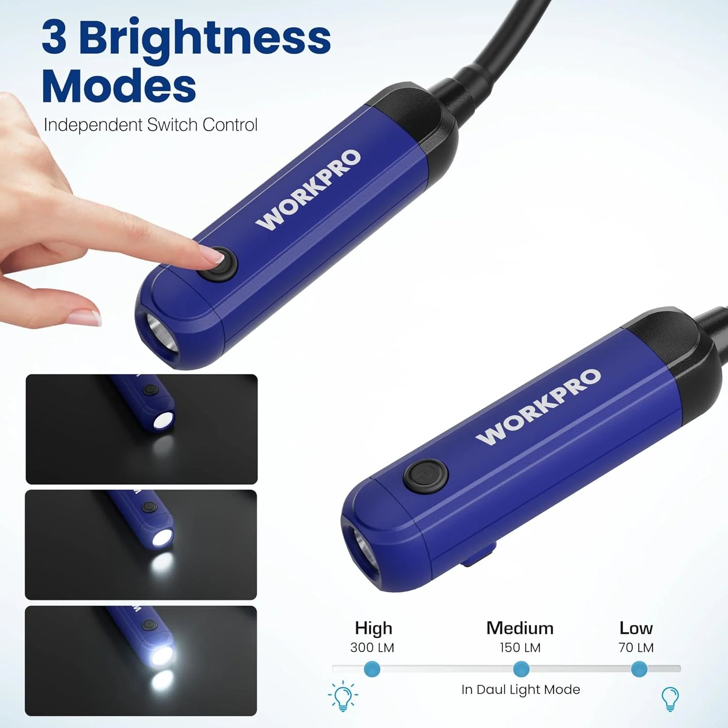 WORKPRO Rechargeable Neck Light for Hands-Free Lighting, 3 Brightness Levels 300 Lumens Neck Light, Bendable Silicone Arm, Great for Mechanics, Reading, Camping, DIY Projects, Crafting, Blue and Black - Image 4