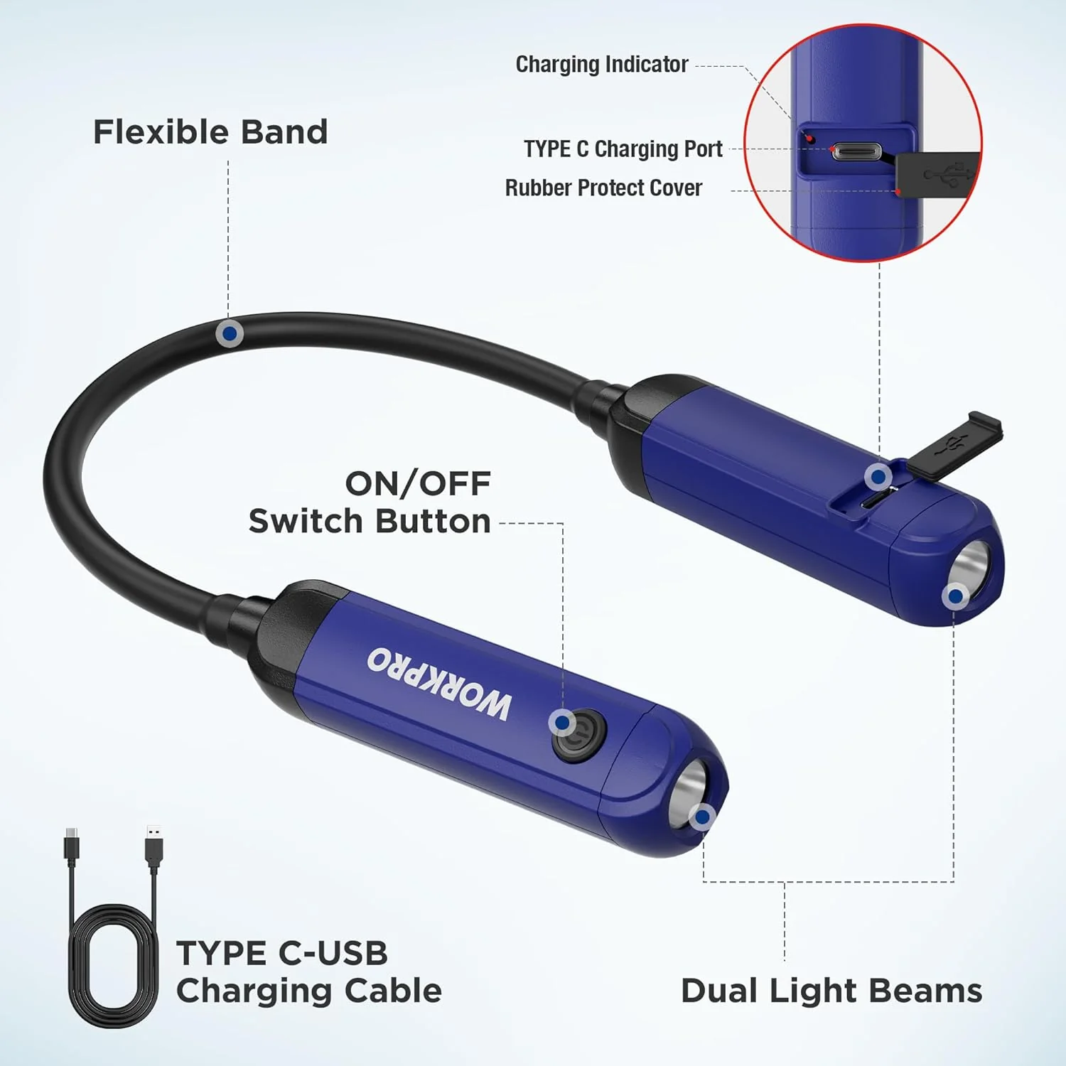 WORKPRO Rechargeable Neck Light for Hands-Free Lighting, 3 Brightness Levels 300 Lumens Neck Light, Bendable Silicone Arm, Great for Mechanics, Reading, Camping, DIY Projects, Crafting, Blue and Black - Image 8