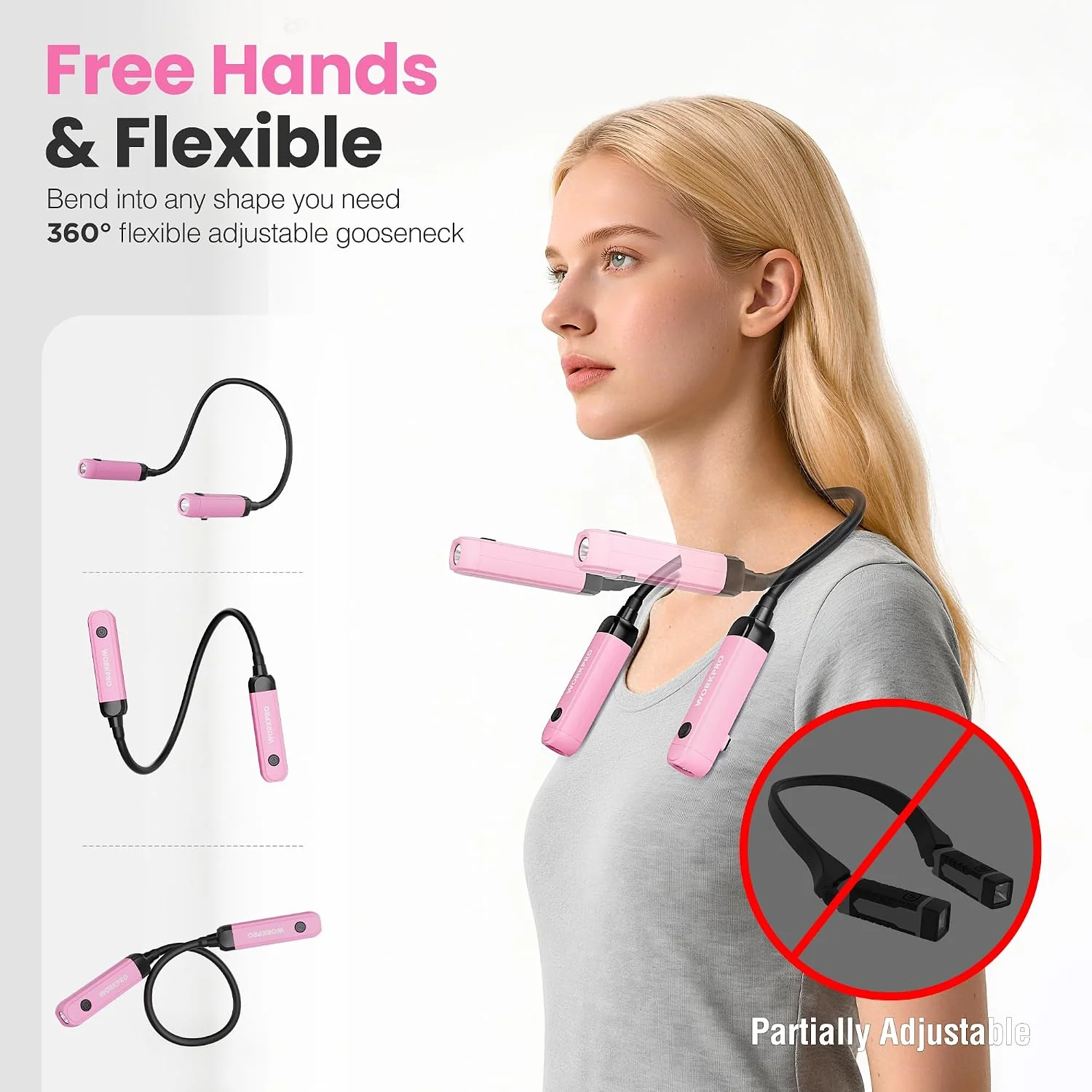 WORKPRO Rechargeable Neck Light for Hands-Free Lighting, 3 Brightness Levels 300 Lumens Neck Light, Bendable Silicone Arm, Great for Mechanics, Reading, Camping, DIY Projects, Crafting, Pink Ribbon - Image 2