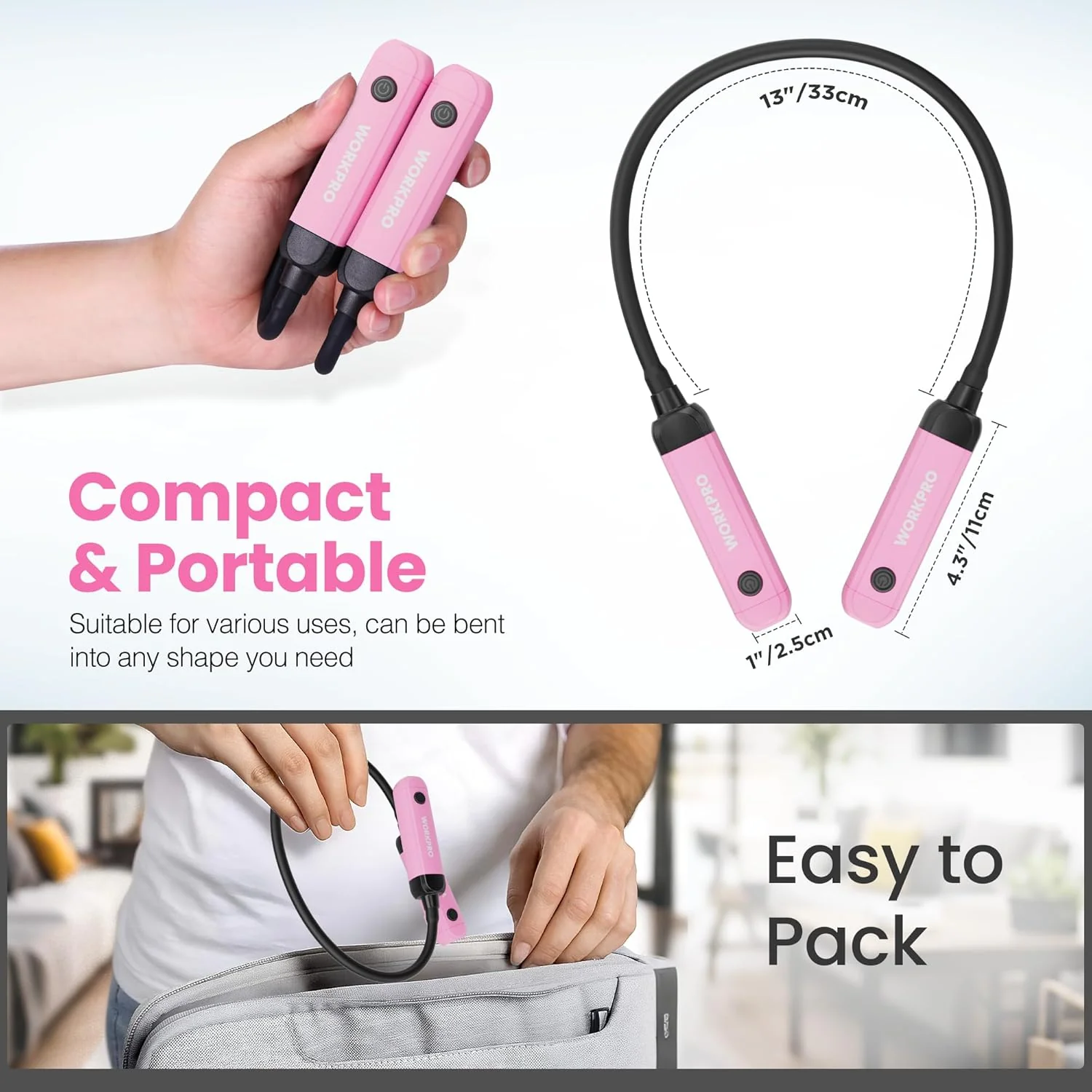 WORKPRO Rechargeable Neck Light for Hands-Free Lighting, 3 Brightness Levels 300 Lumens Neck Light, Bendable Silicone Arm, Great for Mechanics, Reading, Camping, DIY Projects, Crafting, Pink Ribbon - Image 3