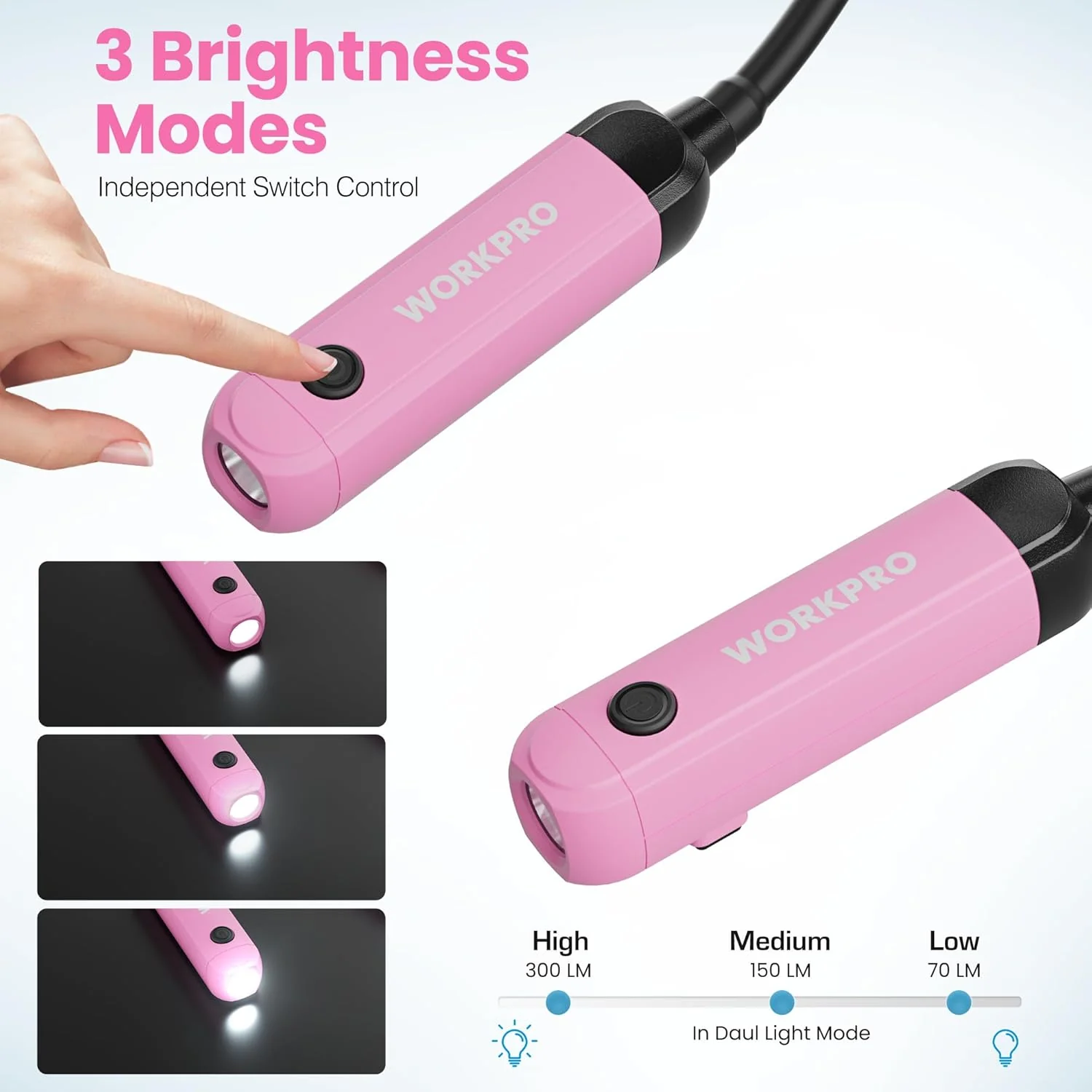 WORKPRO Rechargeable Neck Light for Hands-Free Lighting, 3 Brightness Levels 300 Lumens Neck Light, Bendable Silicone Arm, Great for Mechanics, Reading, Camping, DIY Projects, Crafting, Pink Ribbon - Image 4